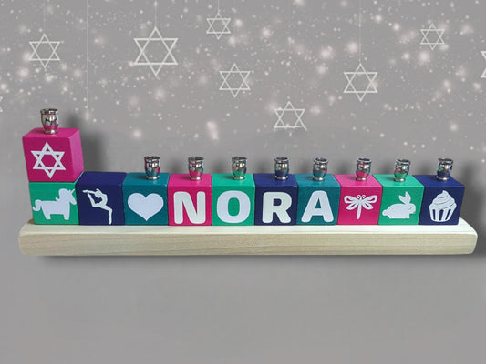 Personalized Name Blocks Menorah Kids Child Baby Judaica Jewish Hanukkah Custom Order Hebrew English