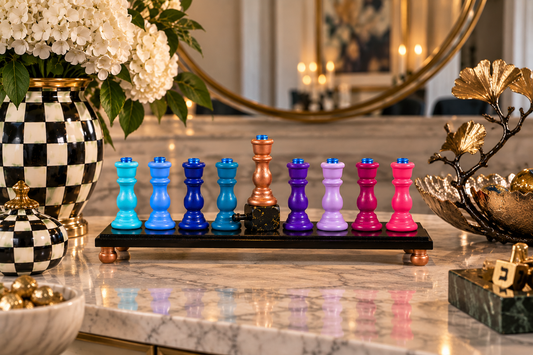 The Zaphira Menorah

Hand-Painted Jewel Tone & Rose Gold Wood Menorah