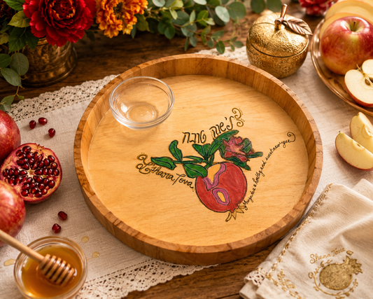 Hand-Painted Rosh Hashanah Challah & Apple Tray with Honey Dish | L’Shana Tova Wood Serving Board