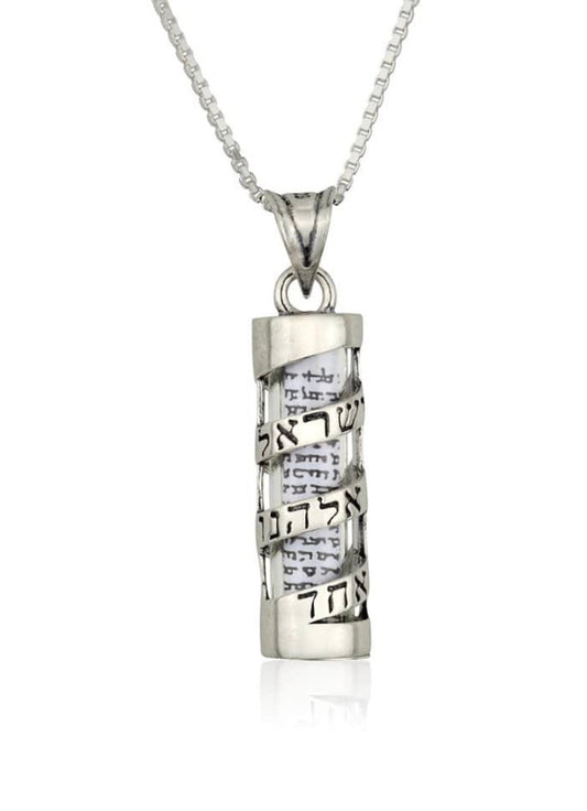 Sterling Silver Shema Ribbon Mezuzah Case pendant necklace