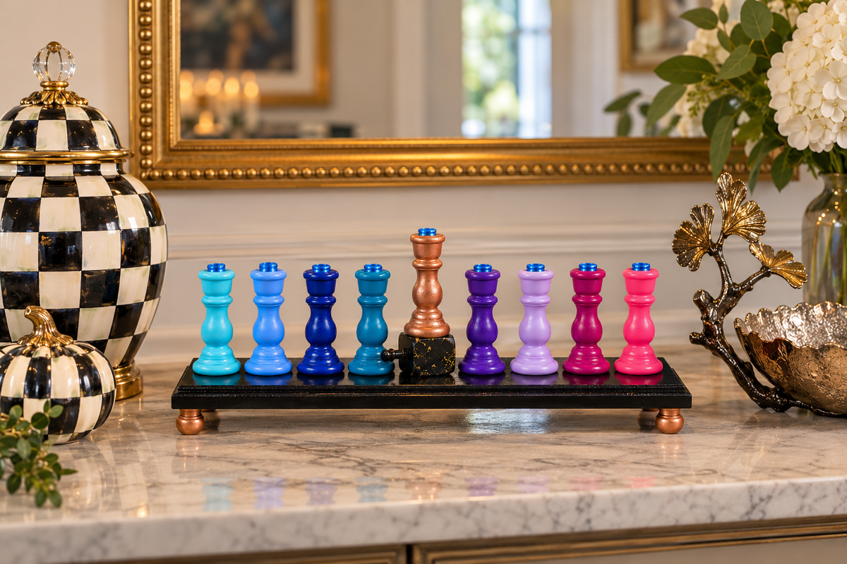 The Zaphira Menorah

Hand-Painted Jewel Tone & Rose Gold Wood Menorah