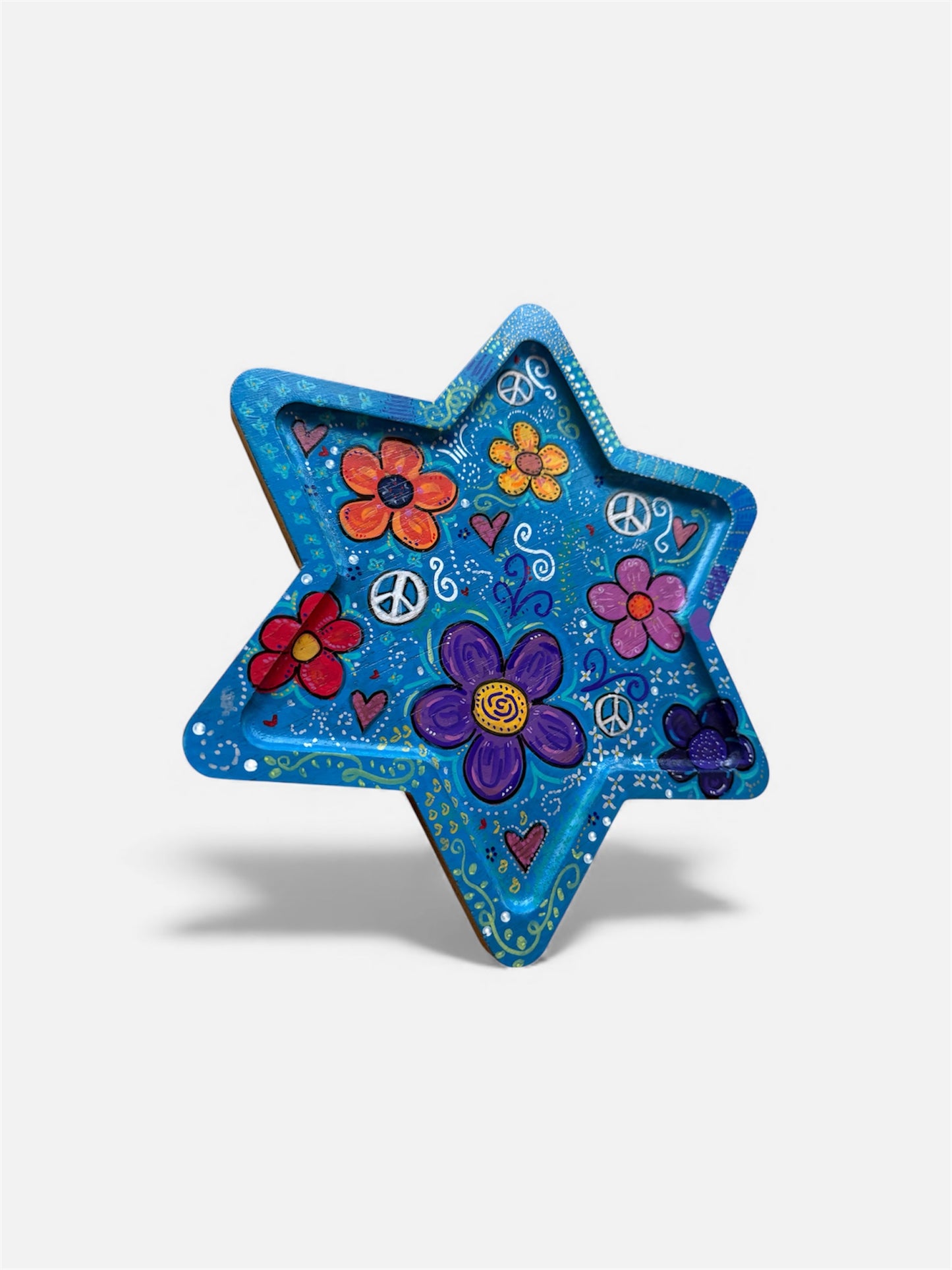 Peace Love & Flowers Handpainted Wooden Star of David Tray