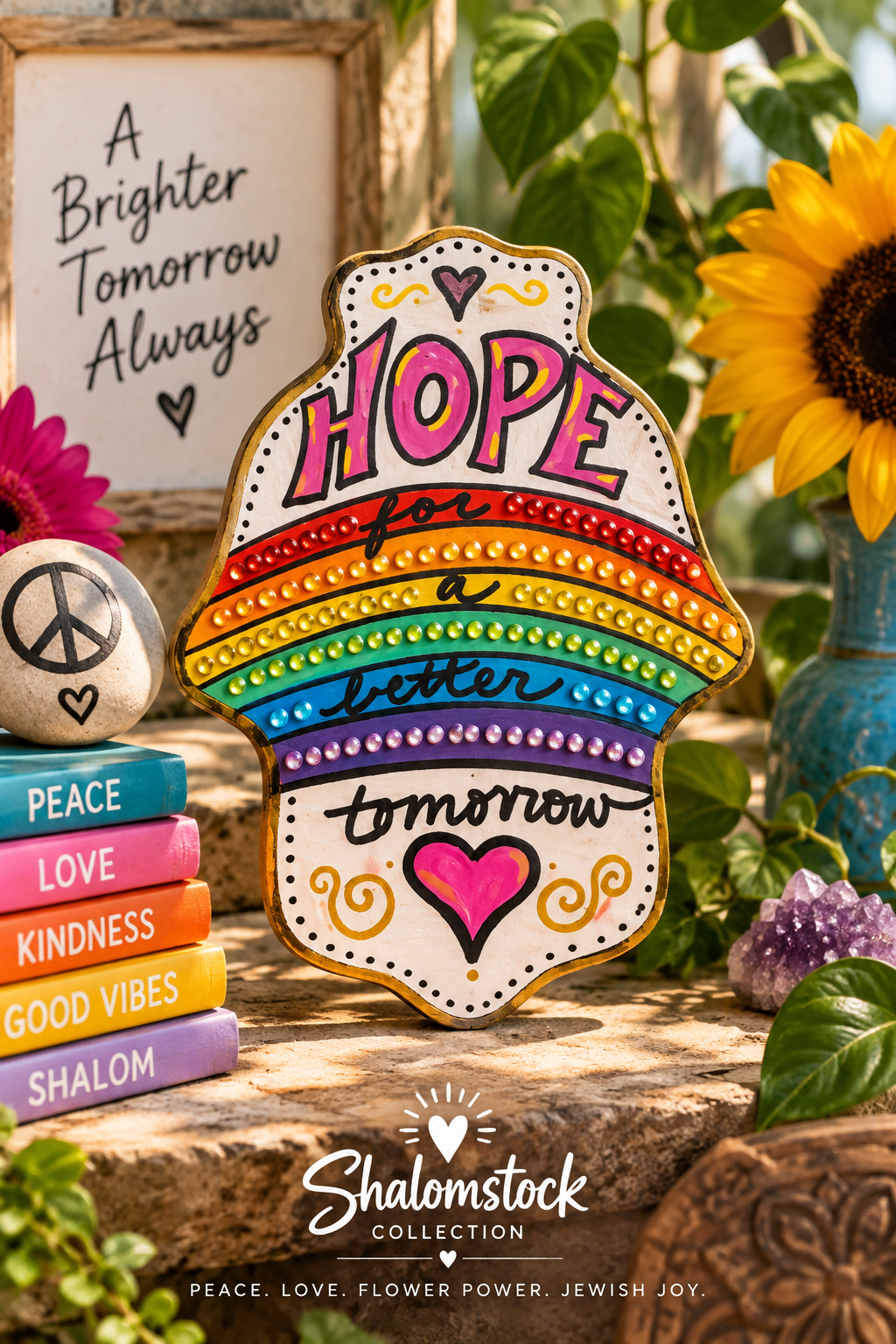 Hope for a better tomorrow rainbow Hamsa hand of Fatima evil eye hand painted hippie boho Woodstock