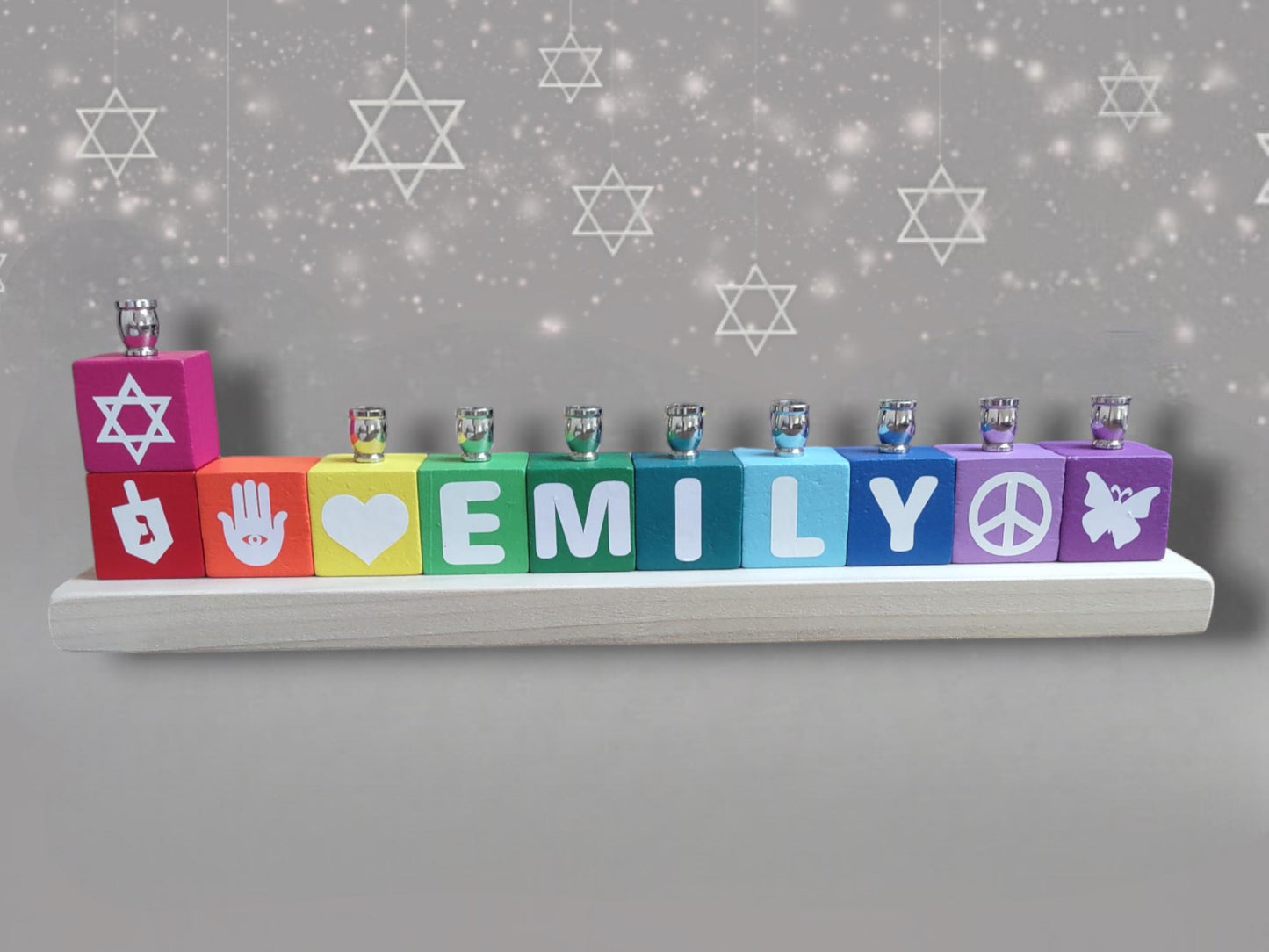 Personalized Name Blocks Menorah Kids Child Baby Judaica Jewish Hanukkah Custom Order Hebrew English