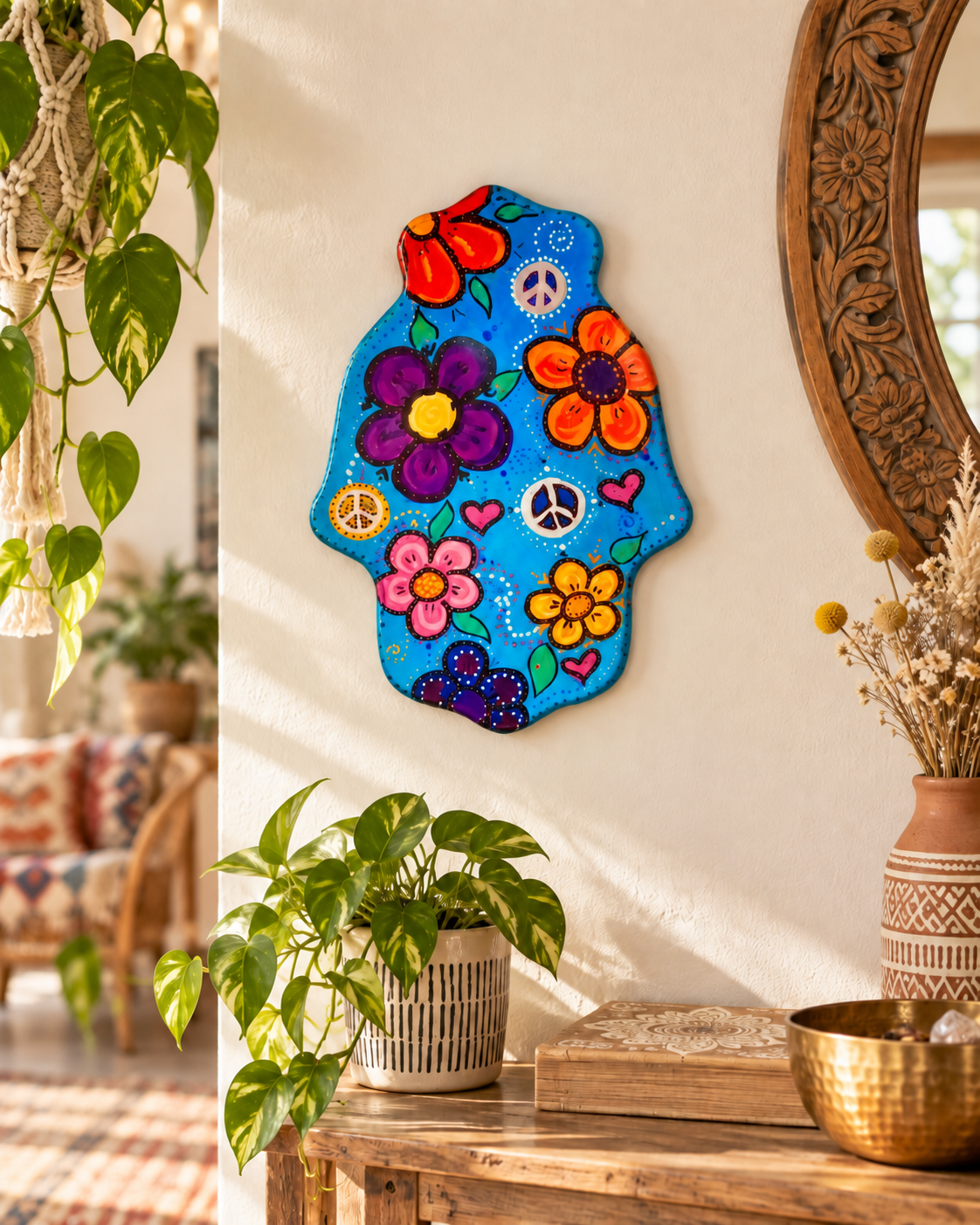 The Shalomstock Collection — Hand-Painted Hamsa Wall Art | Peace, Love & Flower Power Judaica