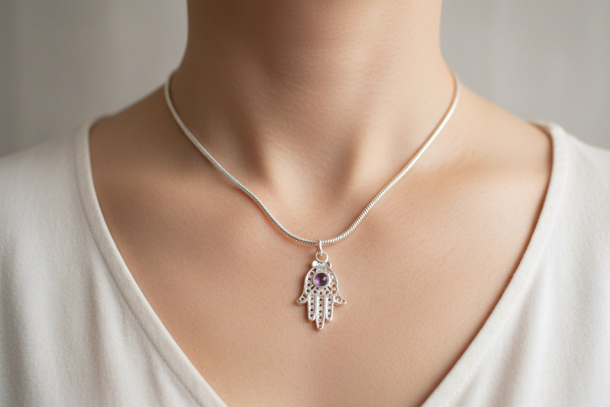 Sterling Silver filagree Hamsa with Opal Amethyst Garnet Pendant Necklace