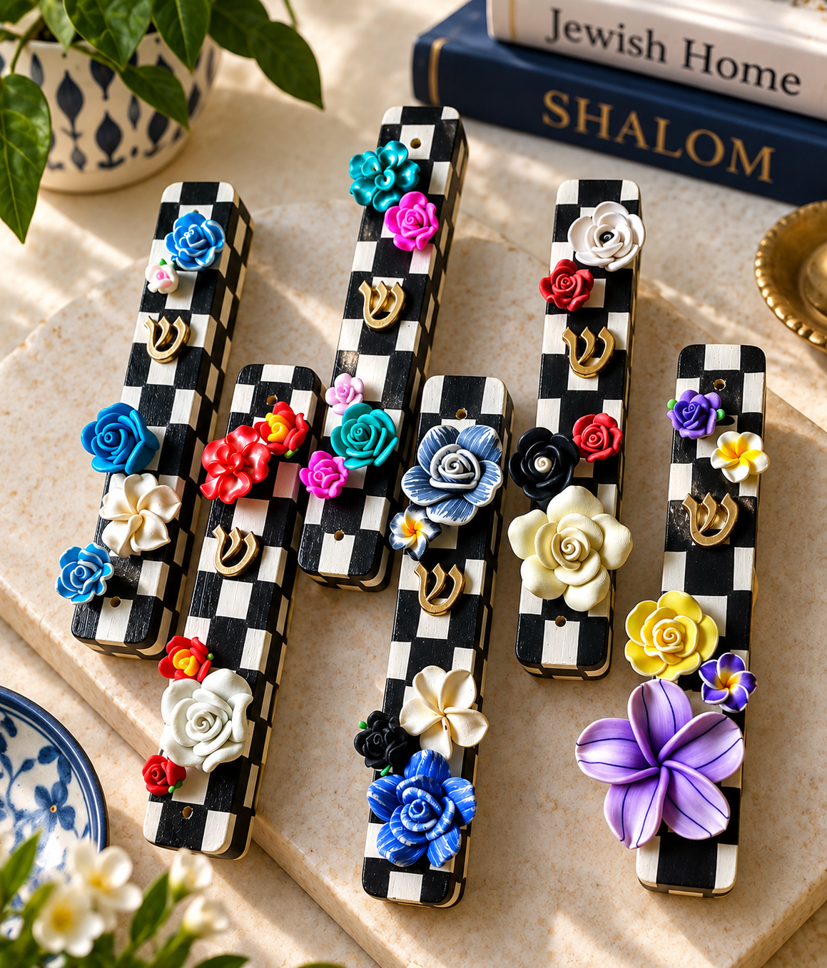 The Checkerbloom Mezuzah — Hand-Painted Floral Mezuzah