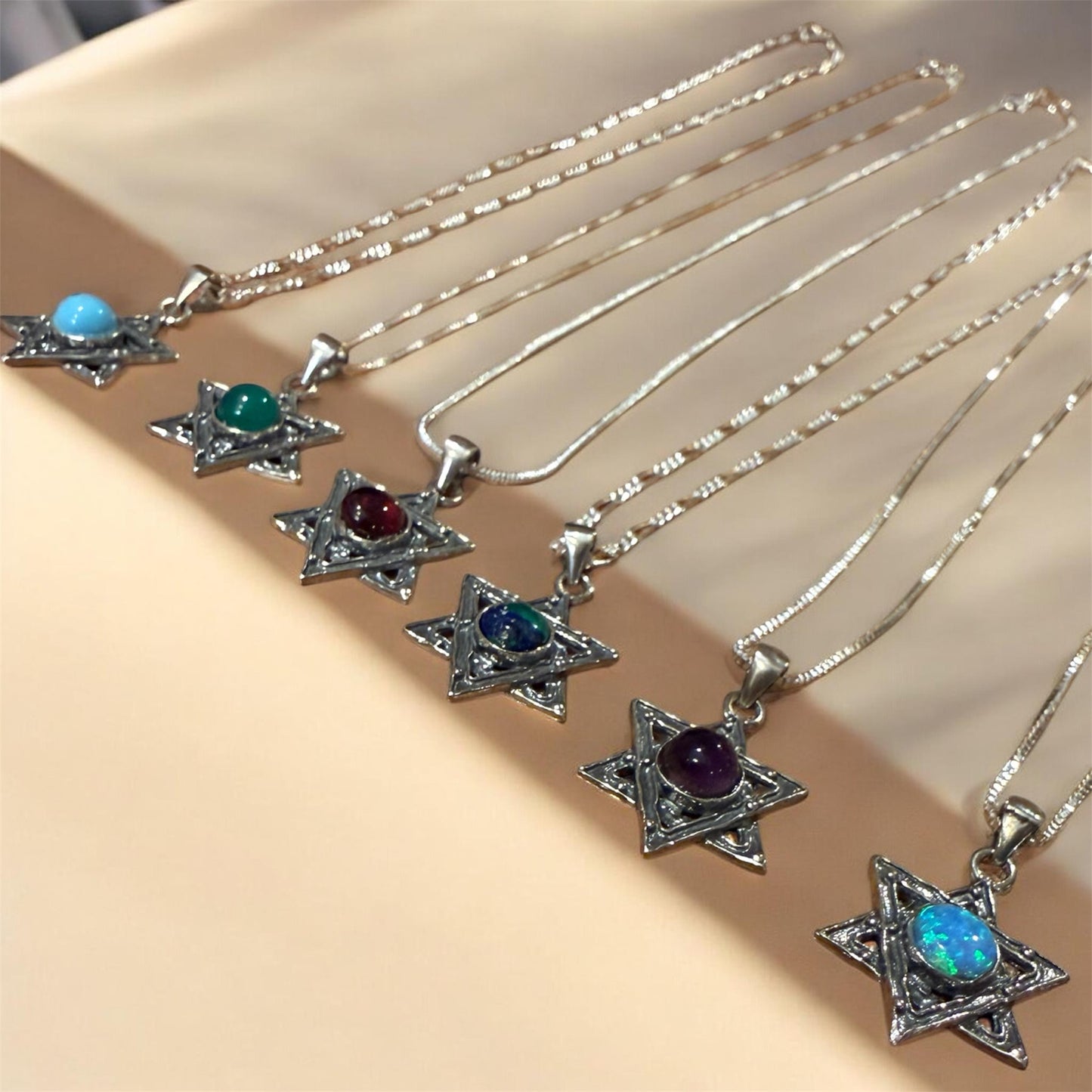 Sterling Silver Jewish Star of David Pendant Necklace with Natural Gemstone