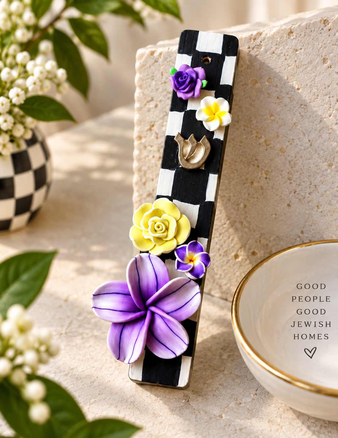 The Checkerbloom Mezuzah — Hand-Painted Floral Mezuzah