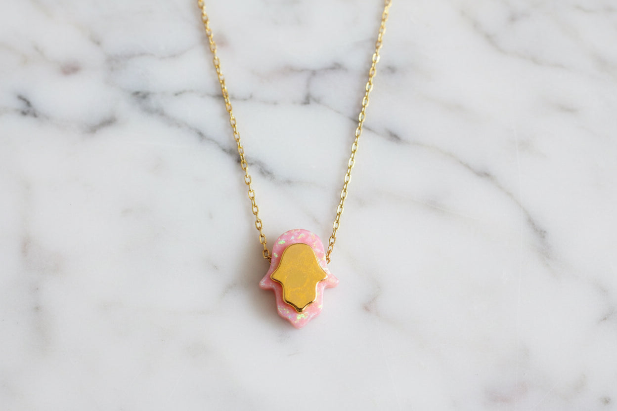 Gold and Pink Opal Hamsa necklace
