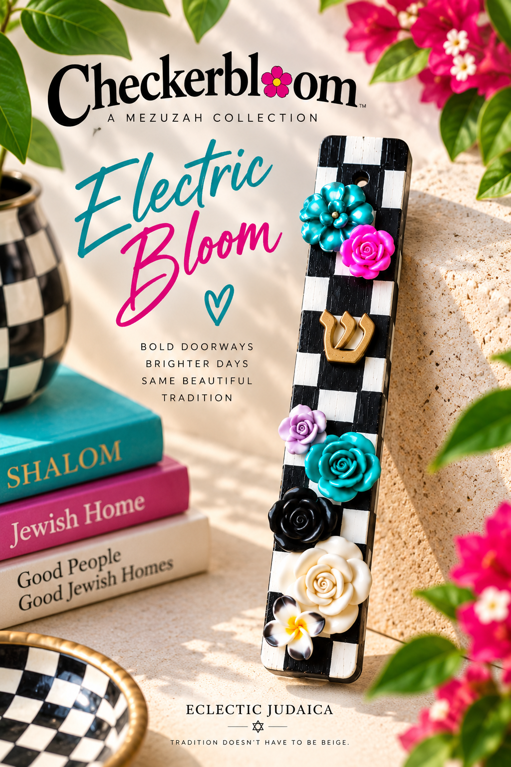 The Checkerbloom Mezuzah — Hand-Painted Floral Mezuzah