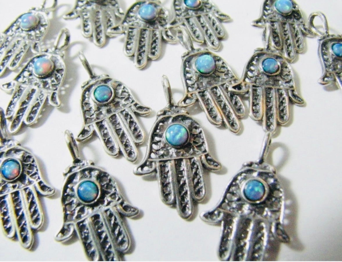 Sterling Silver filagree Hamsa with Opal Pendant Necklace