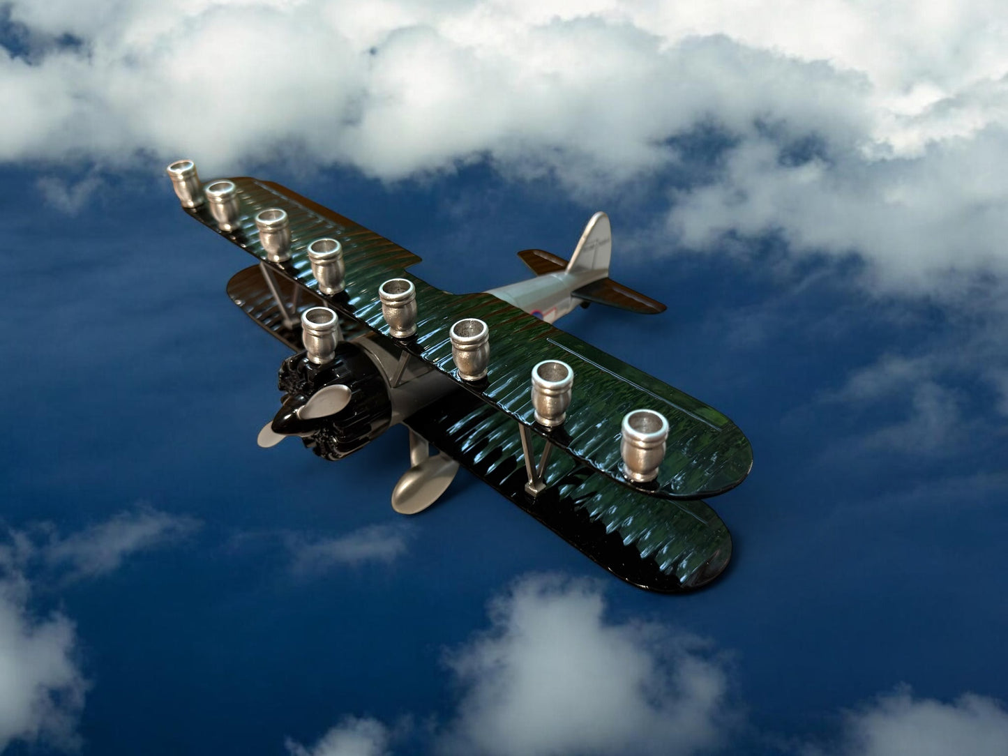 Vintage Airplane Menorah, Repurposed Metal Bank, Hanukkah Gift