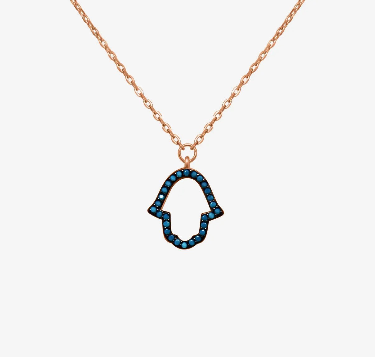 Rose Gold Open Blue Gemstone Hamsa necklace