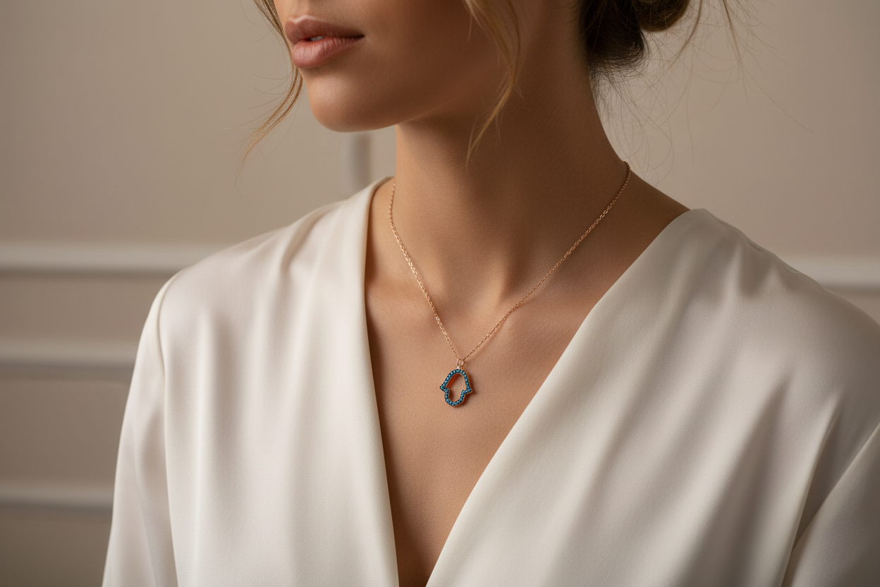Rose Gold Open Blue Gemstone Hamsa necklace