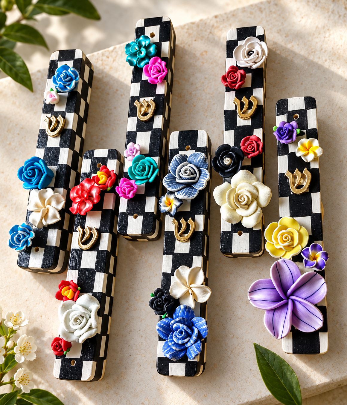 The Checkerbloom Mezuzah — Hand-Painted Floral Mezuzah
