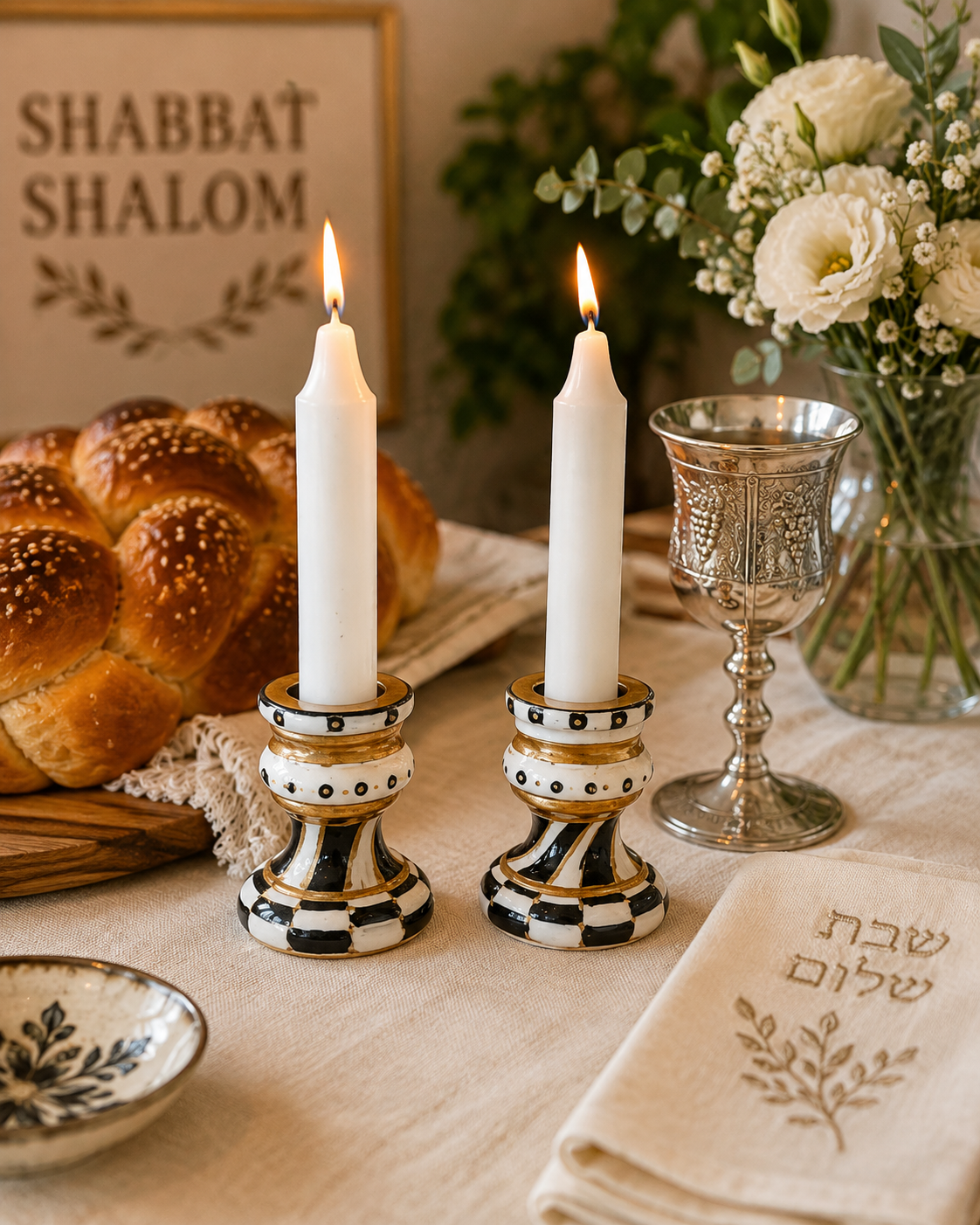 Black, White & Gold Hand-Painted Shabbat Candlesticks – Set of 2