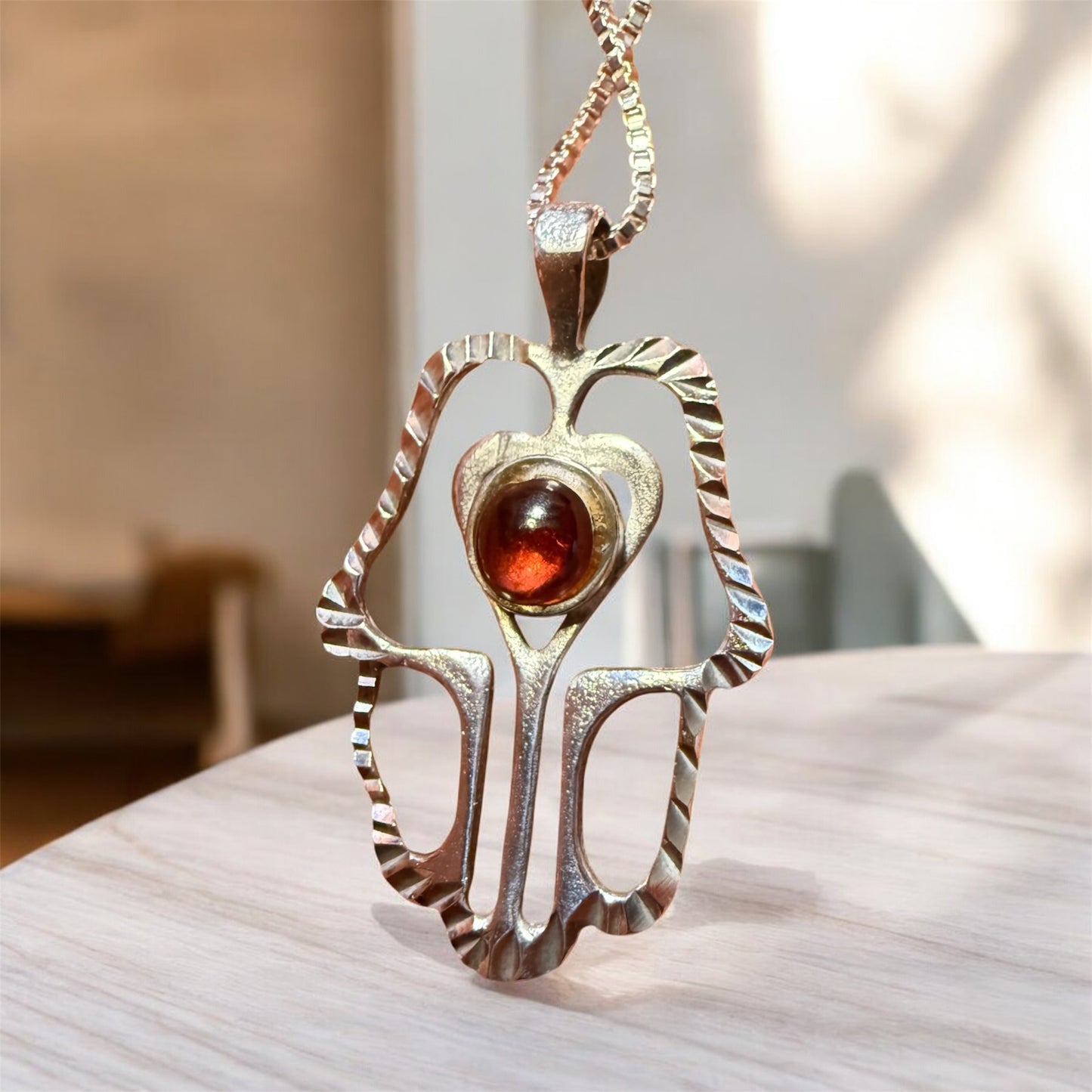 Sterling Silver Modernist Red Garnet Hamsa Hand of Miriam Necklace