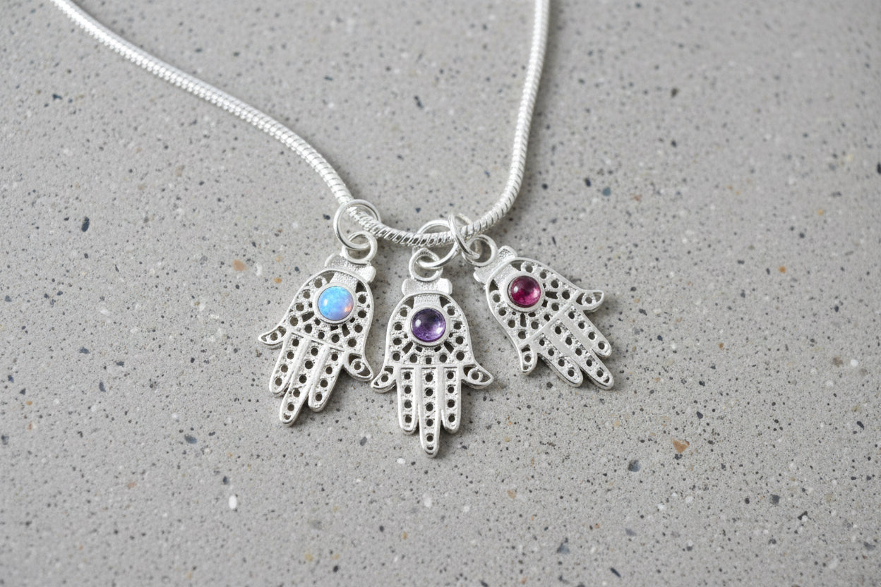 Sterling Silver filagree Hamsa with Opal Amethyst Garnet Pendant Necklace