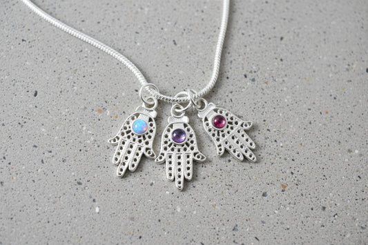 Sterling Silver filagree Hamsa with Opal Amethyst Garnet Pendant Necklace