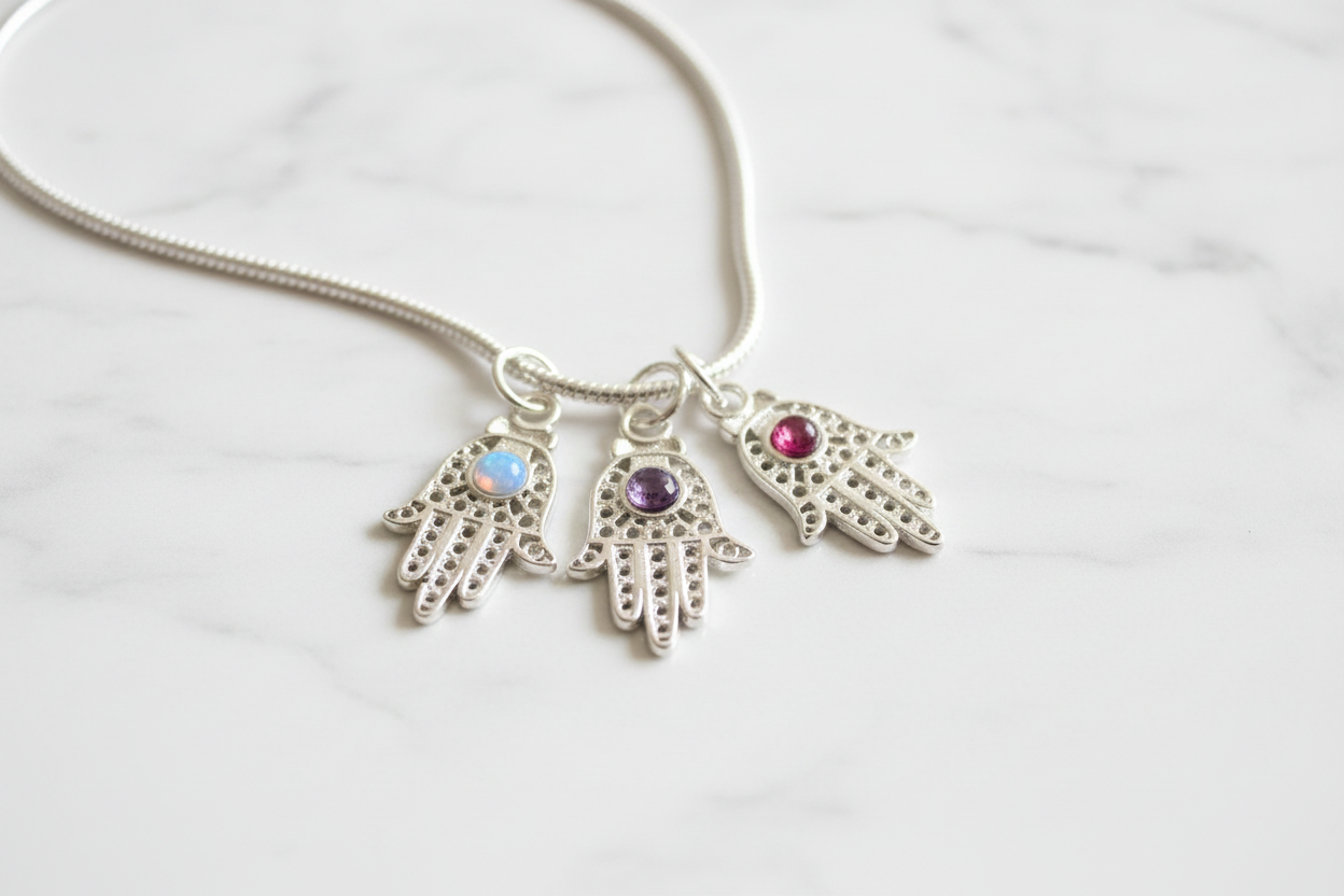 Sterling Silver filagree Hamsa with Opal Amethyst Garnet Pendant Necklace