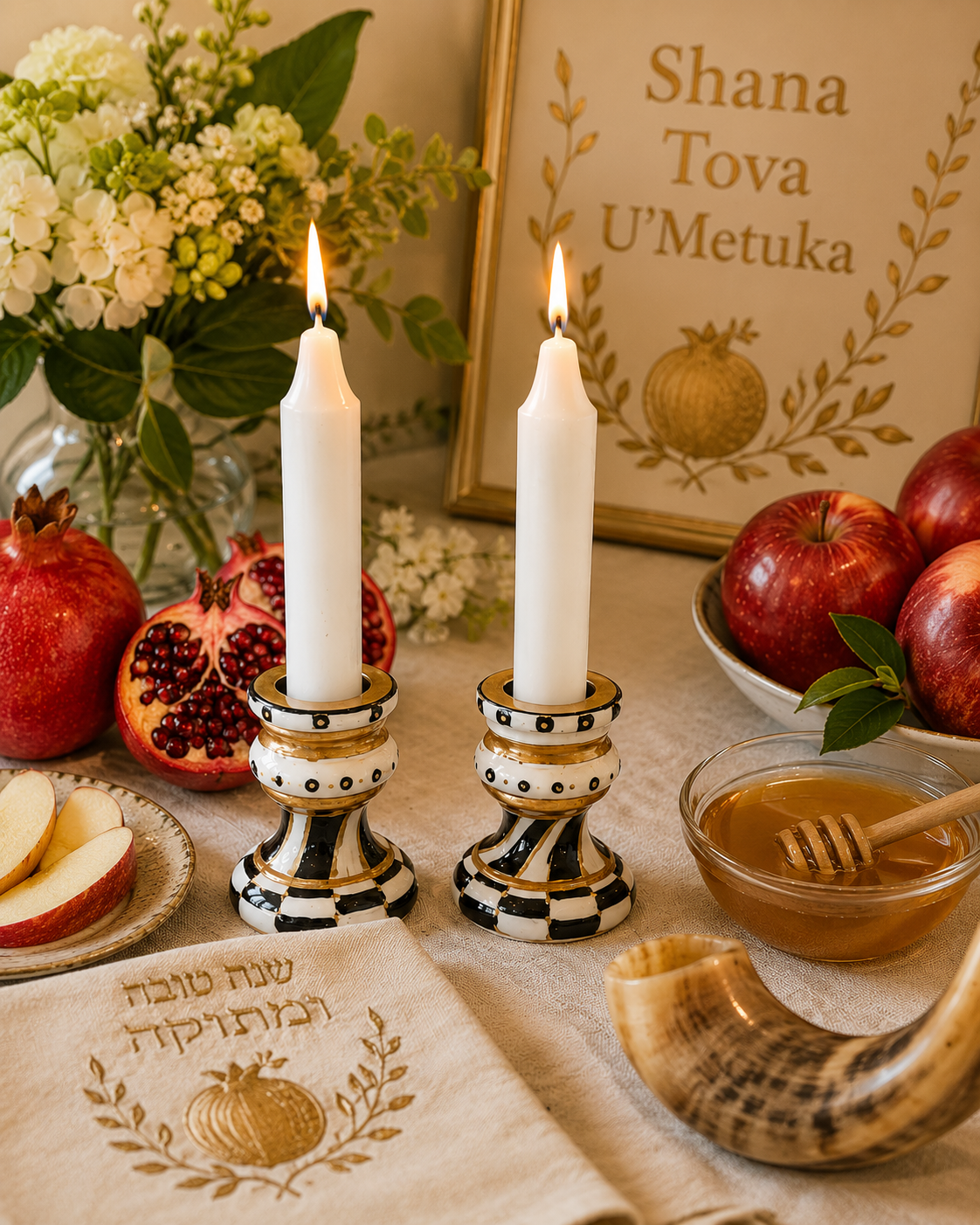 Black, White & Gold Hand-Painted Shabbat Candlesticks – Set of 2