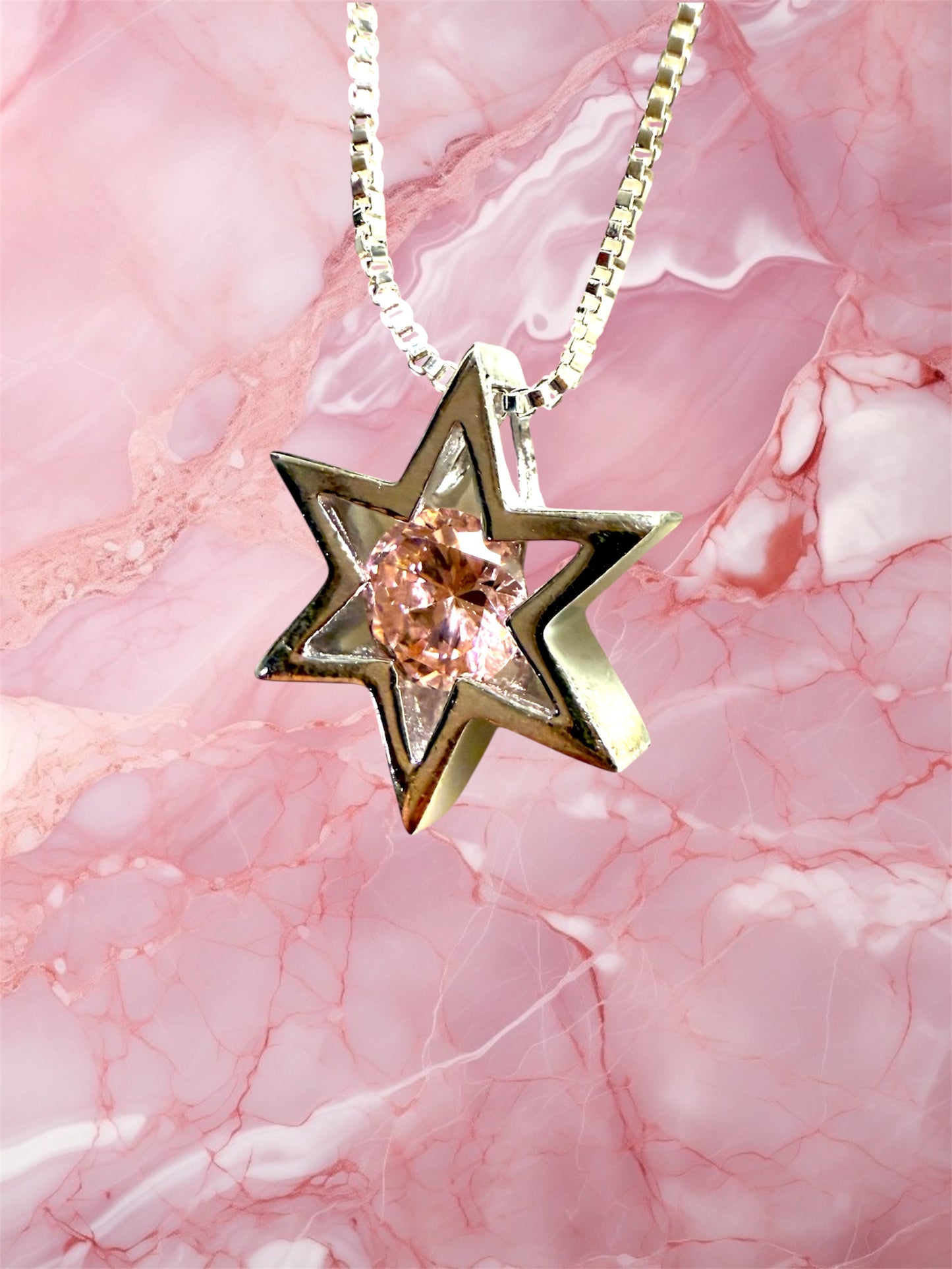 Sterling Silver Modern Star of David pendant with pink gemstone necklace