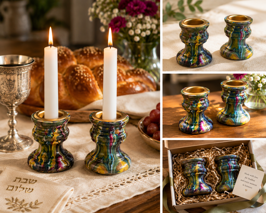 Colorful Shabbat Candlesticks | Paint Poured Jewish Candle Holders | Hippie Judaica | Boho Jewish Wedding Gift | Set of 2
