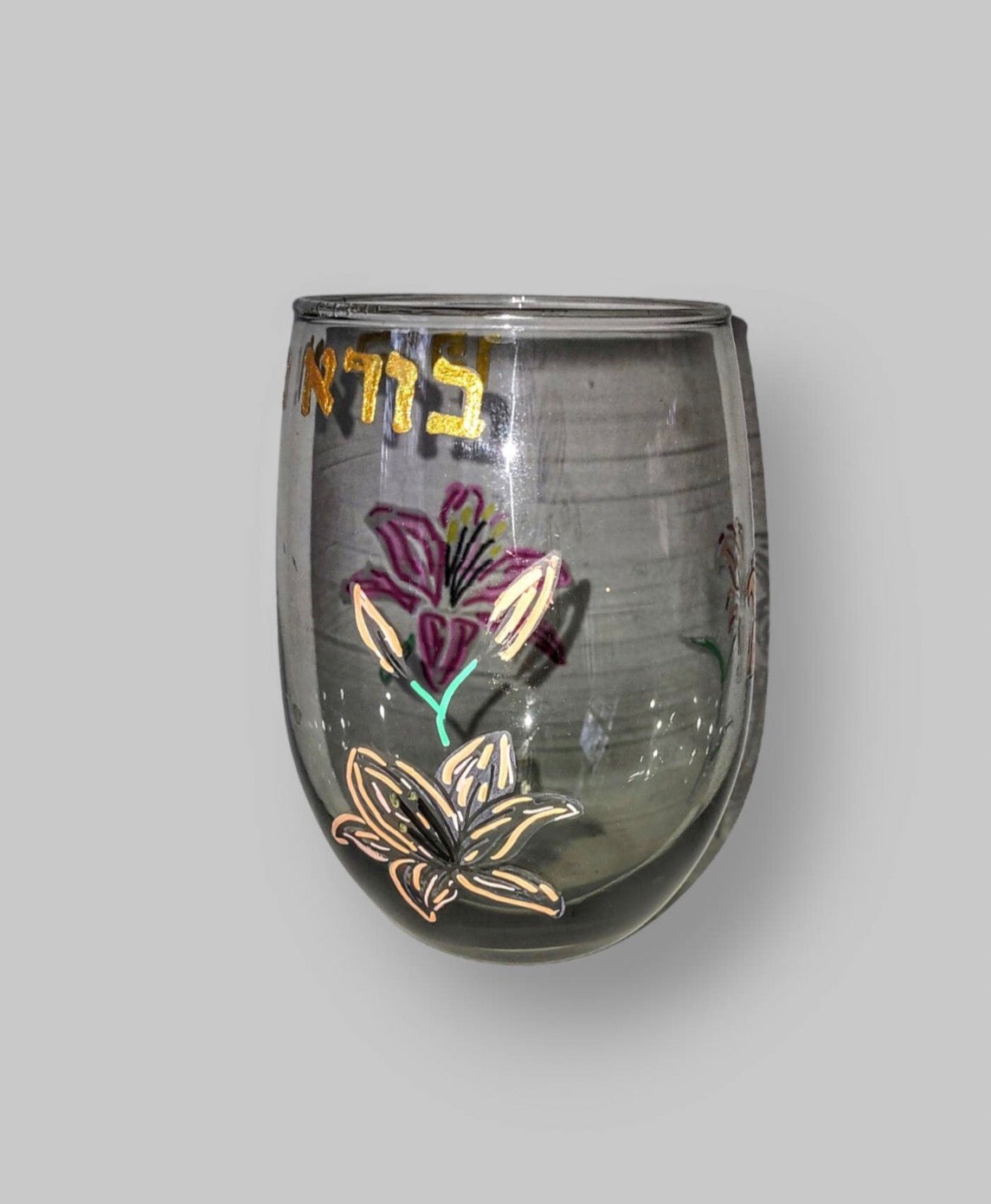 Blessing Over Wine Kiddish Cup Lilies Etched Glass Hand Painted Passover Tableware