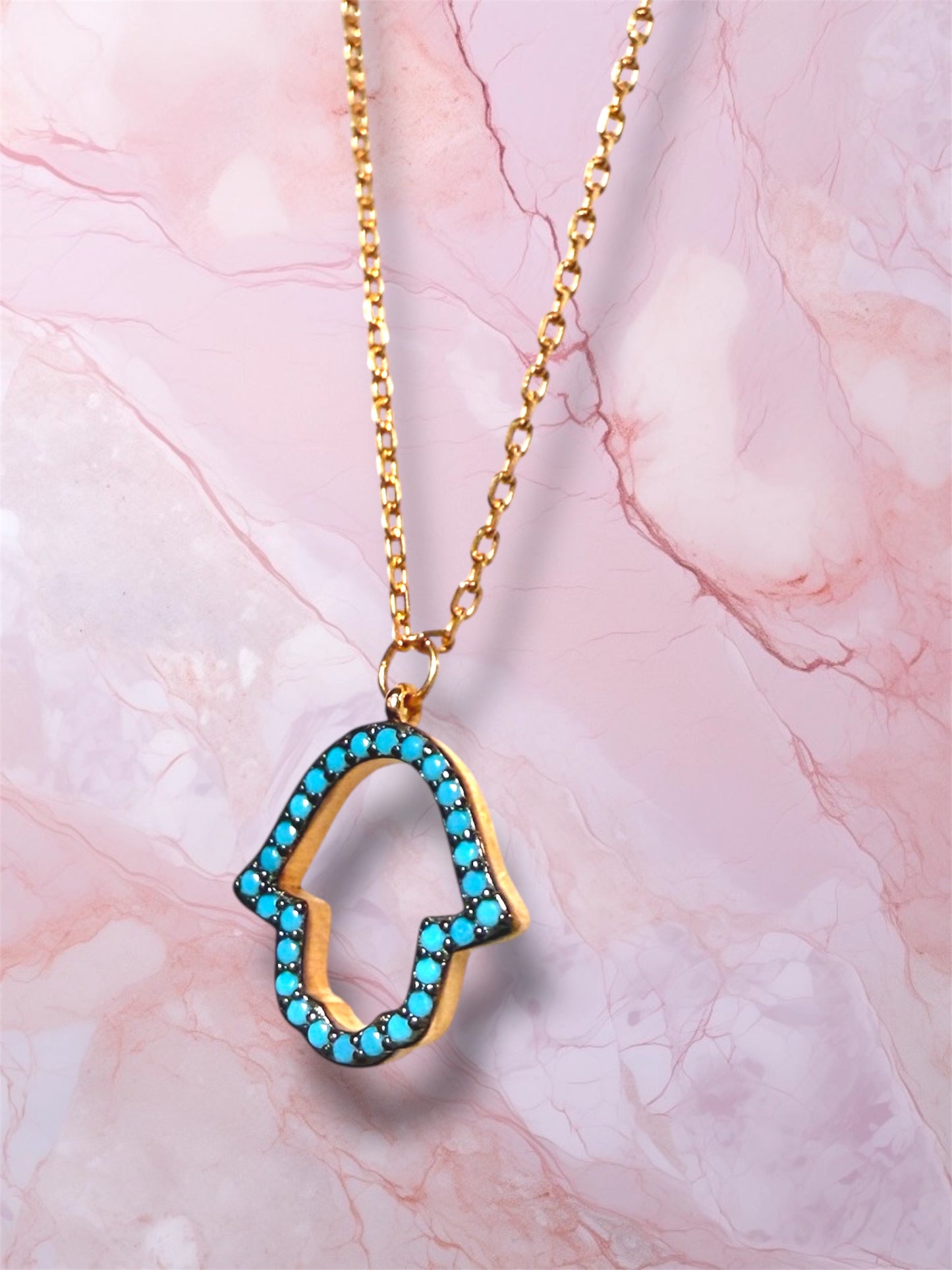 Rose Gold Open Blue Gemstone Hamsa necklace