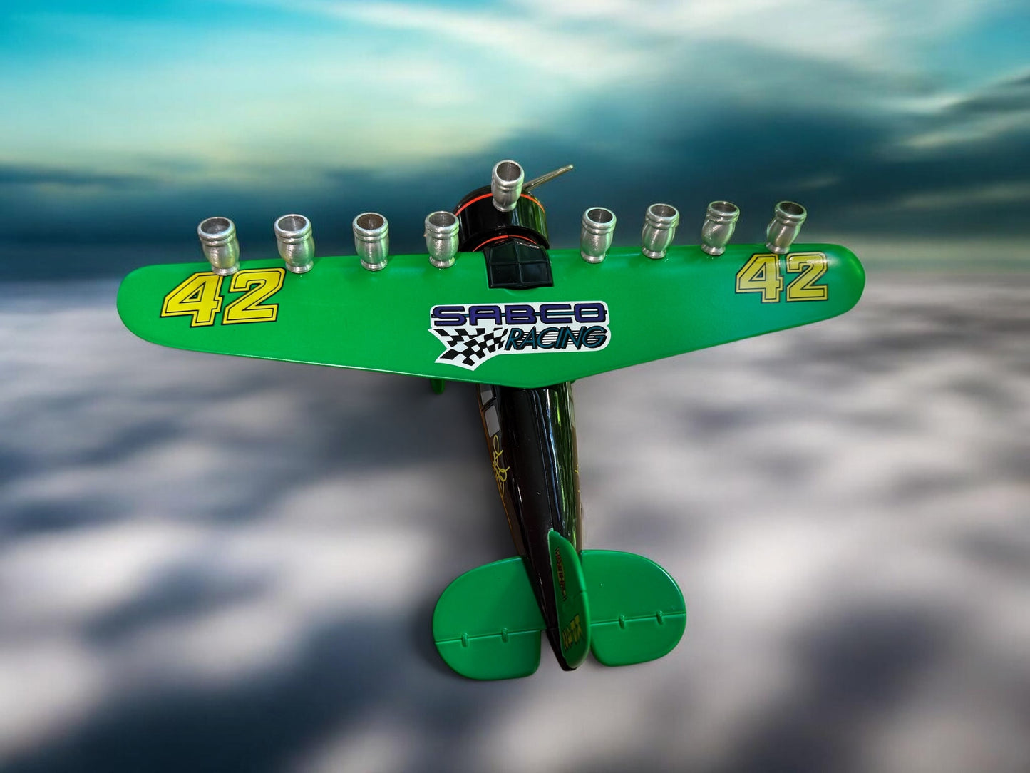 Vintage Airplane Menorah, Repurposed Metal Bank, Hanukkah Gift