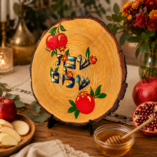 Hand-Painted Shabbat Challah Board | 14” Live Edge Wood Slice | Shabbat Shalom Hebrew Judaica