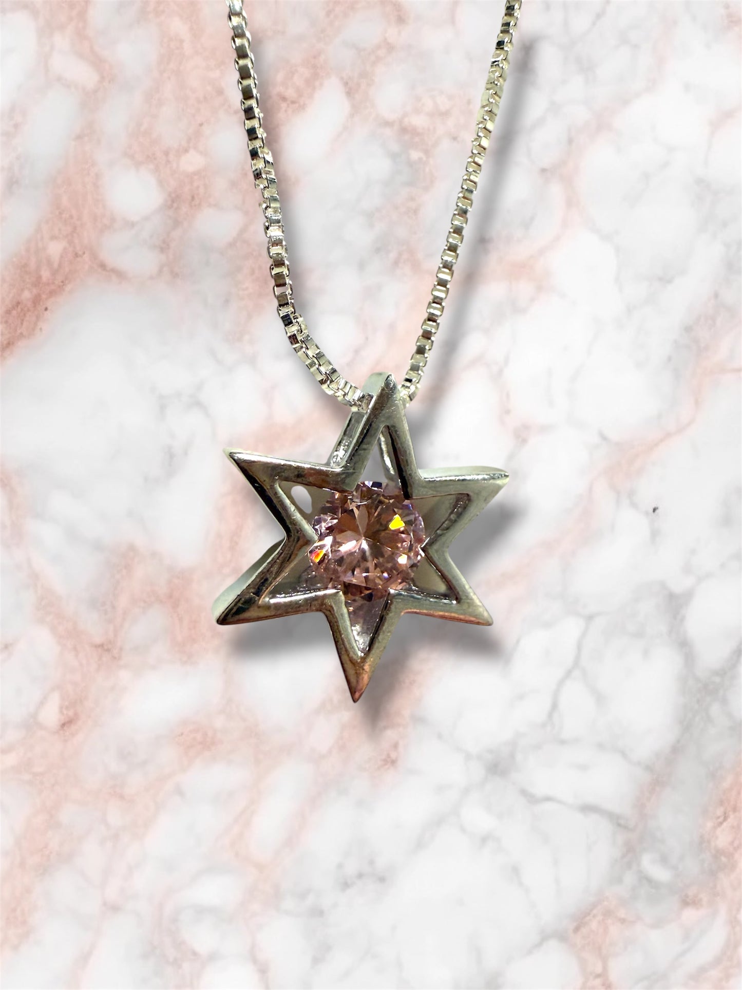 Sterling Silver Modern Star of David pendant with pink gemstone necklace