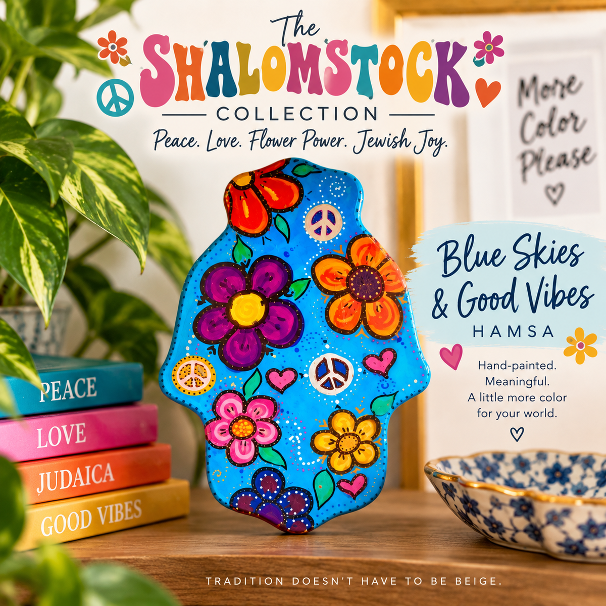 The Shalomstock Collection — Hand-Painted Hamsa Wall Art | Peace, Love & Flower Power Judaica