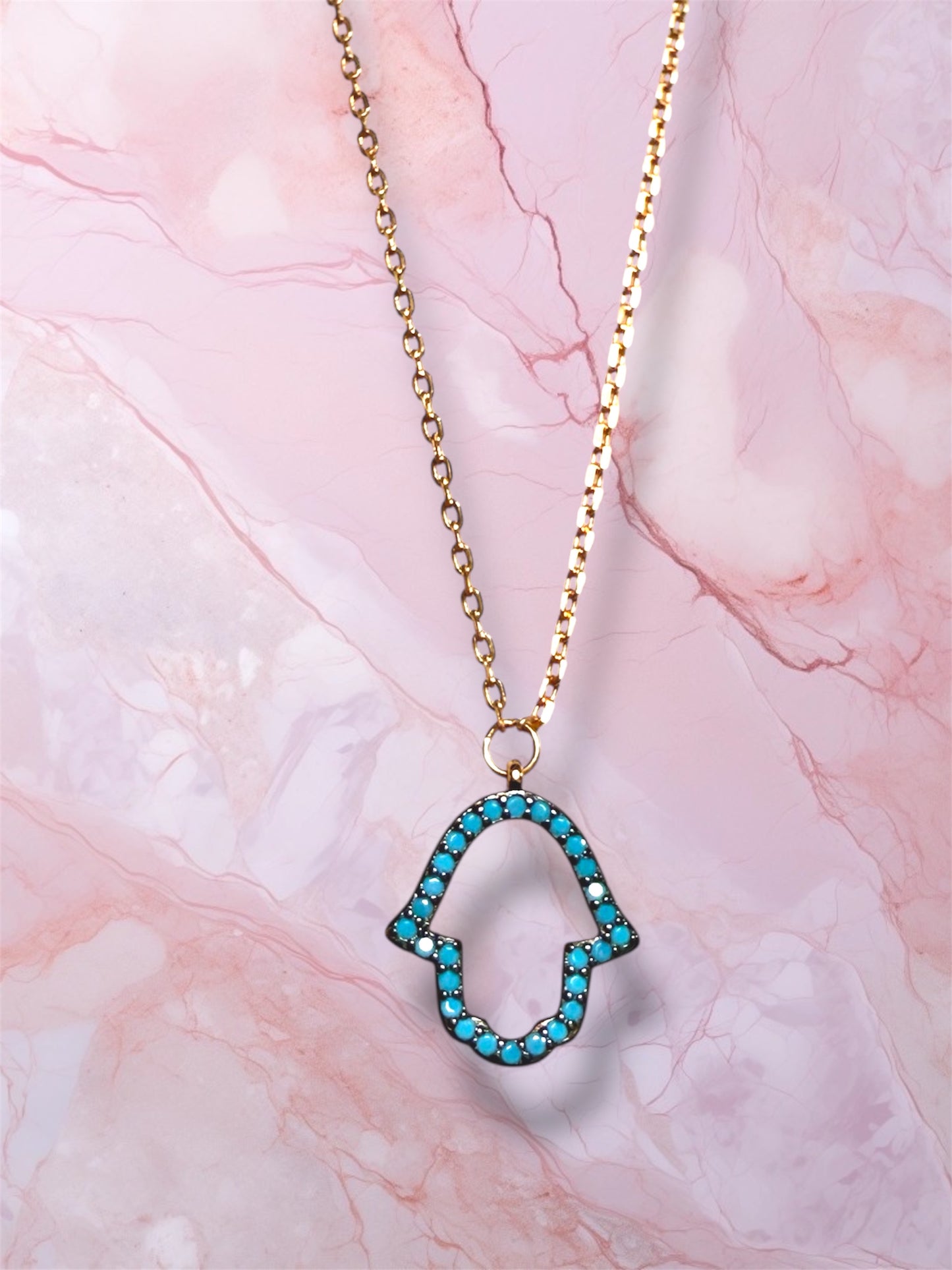 Rose Gold Open Blue Gemstone Hamsa necklace