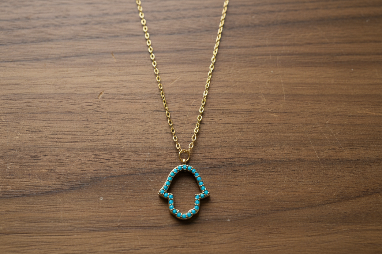 Rose Gold Open Blue Gemstone Hamsa necklace