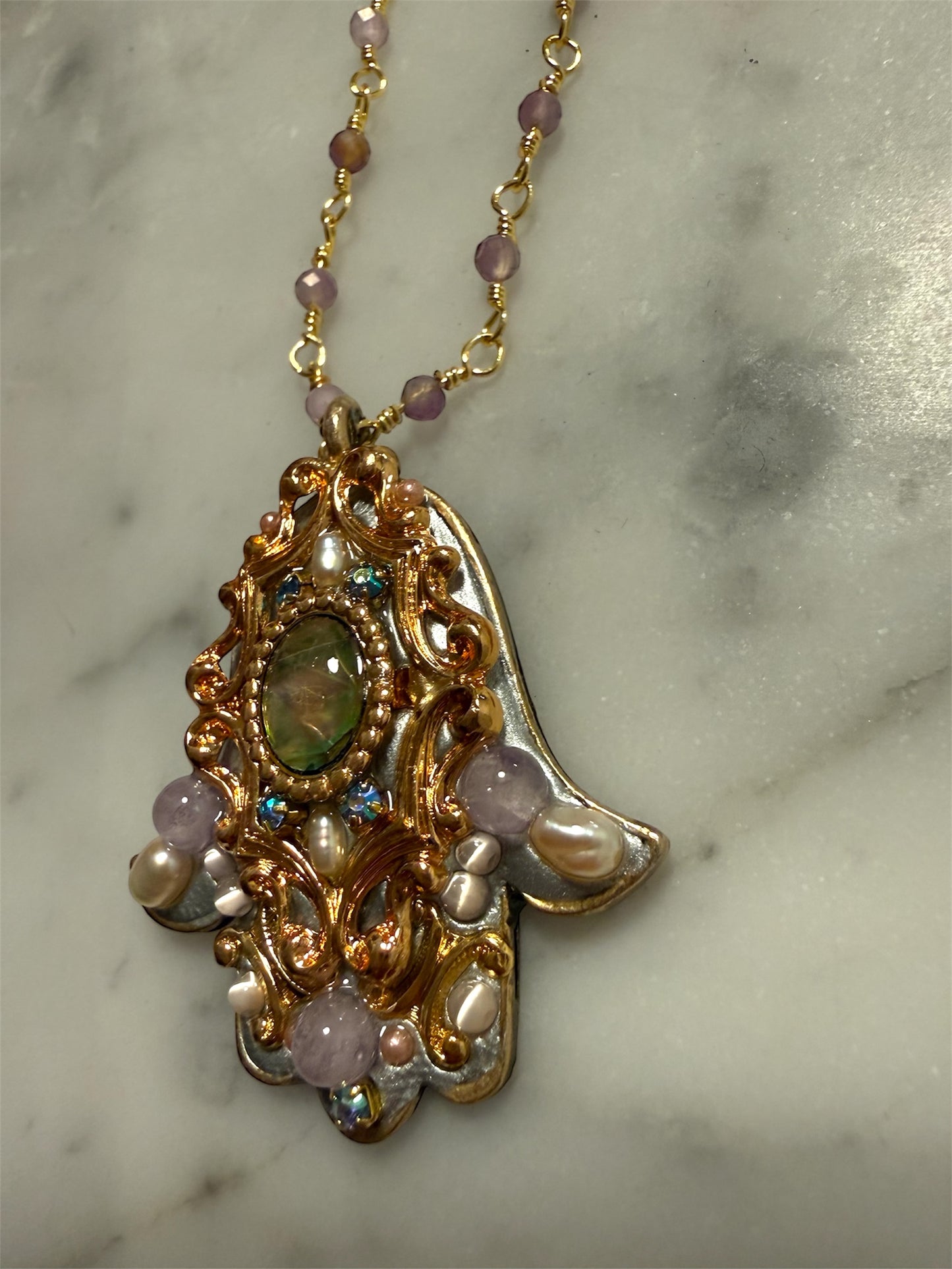 Abalone & Amethyst Hamsa Necklace