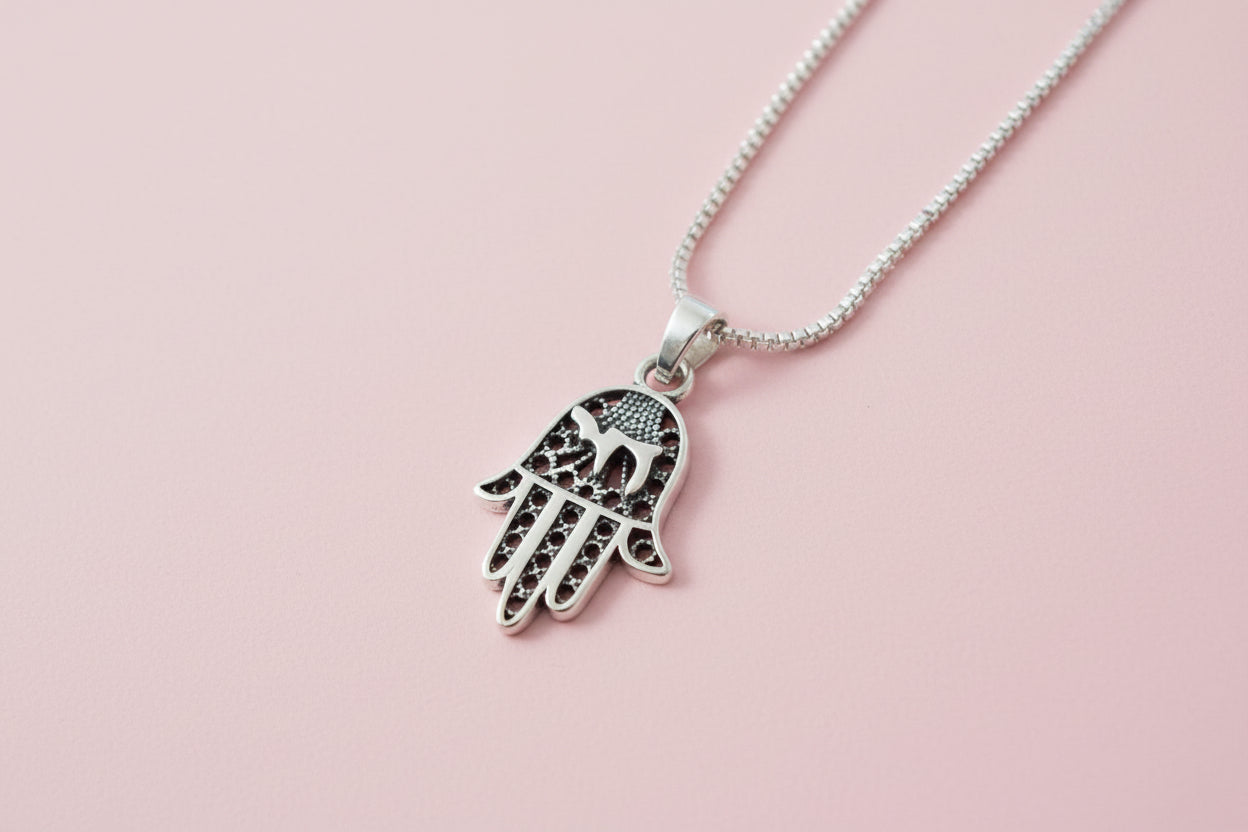 Sterling Silver filagree Hamsa Star of David or Chai Pendant Necklace