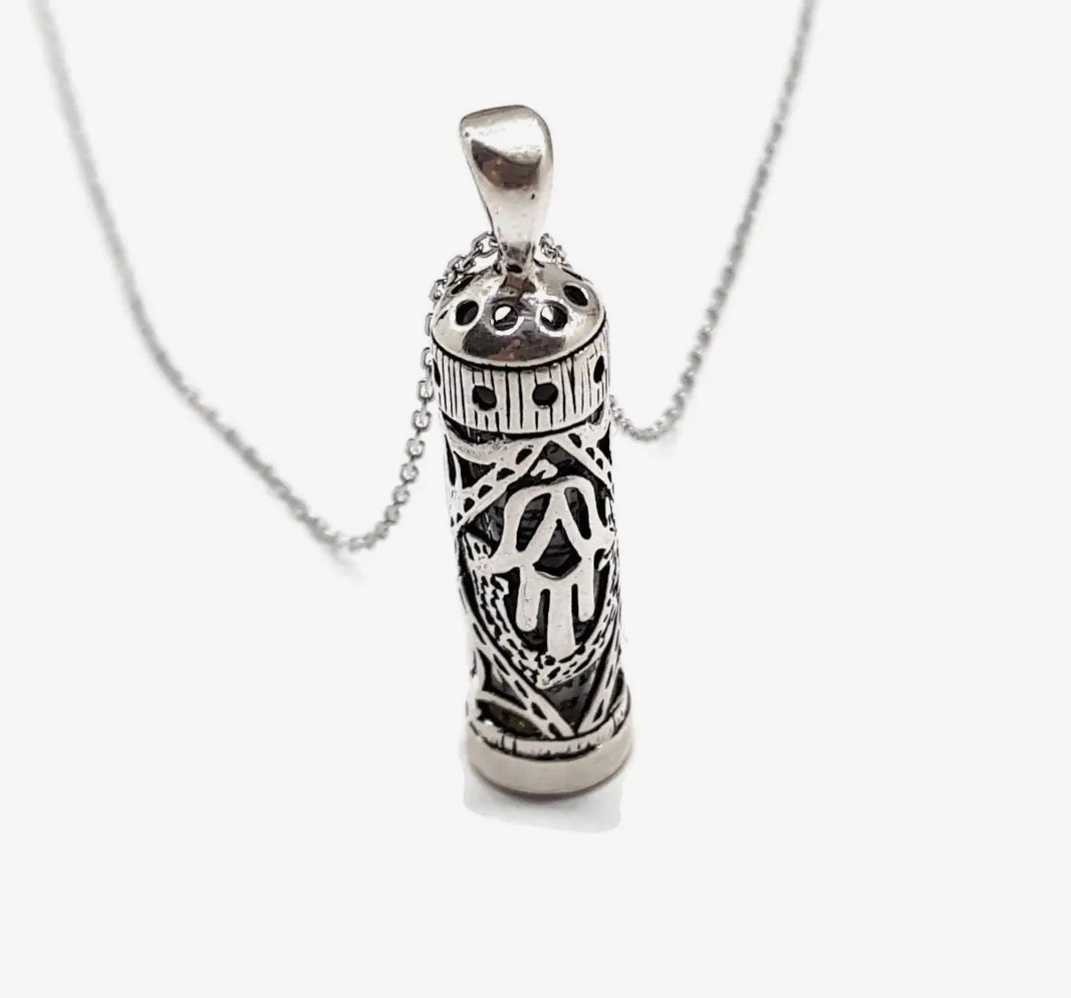 Sterling Silver Hamsa Hand Mezuzah Case pendant necklace