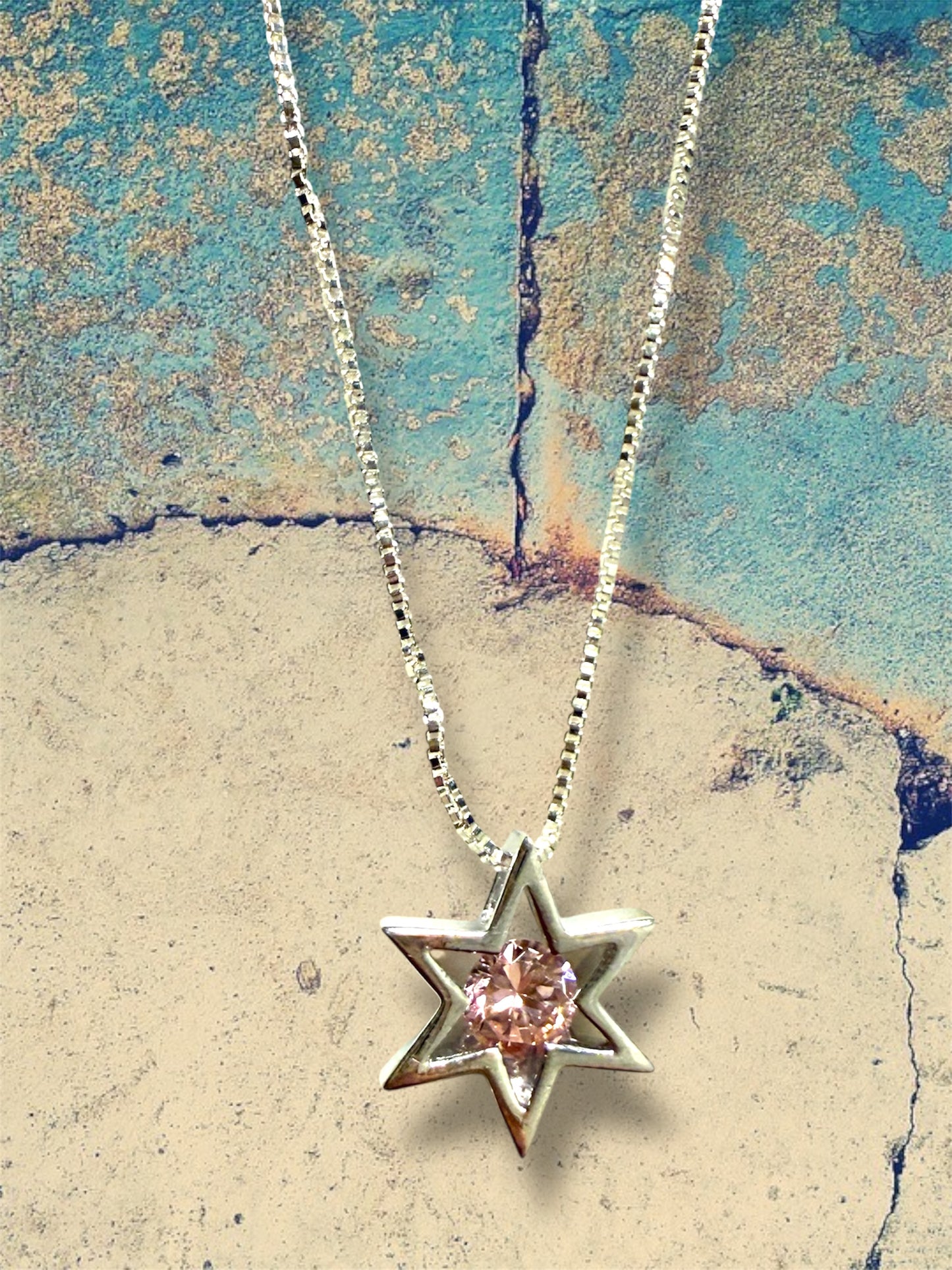 Sterling Silver Modern Star of David pendant with pink gemstone necklace