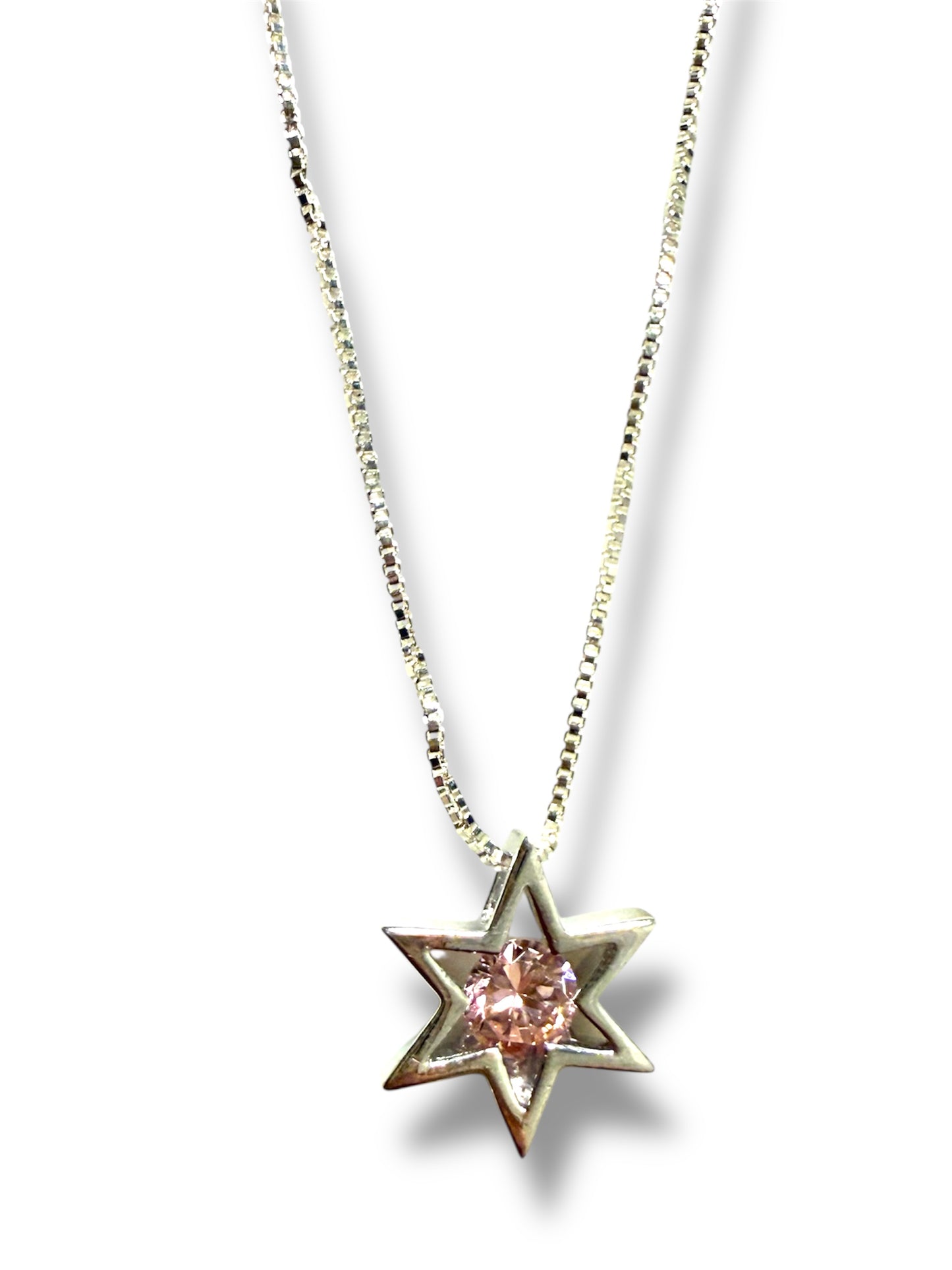 Sterling Silver Modern Star of David pendant with pink gemstone necklace