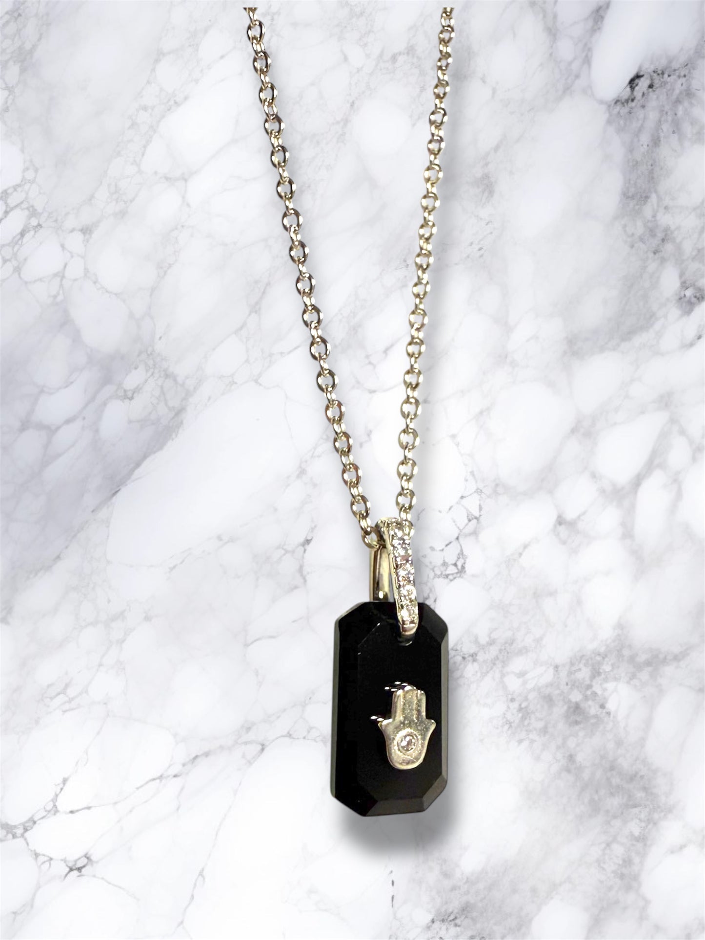 Black Onyx and CZ hamsa pendant sterling silver necklace