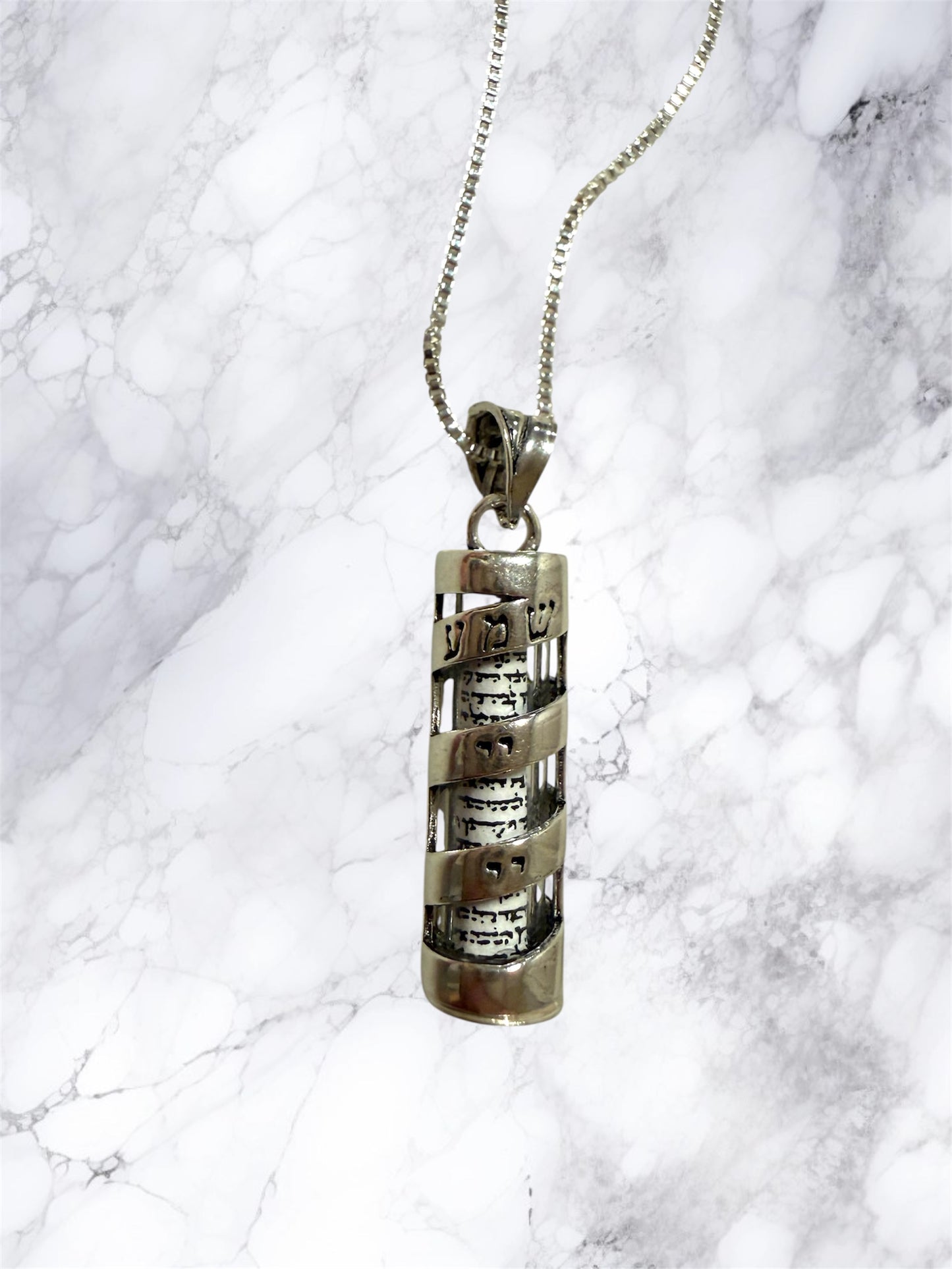 Sterling Silver Shema Ribbon Mezuzah Case pendant necklace