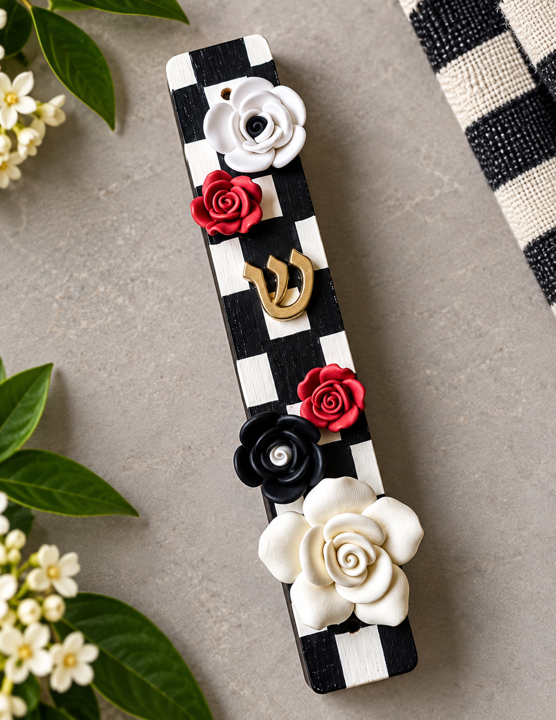 The Checkerbloom Mezuzah — Hand-Painted Floral Mezuzah