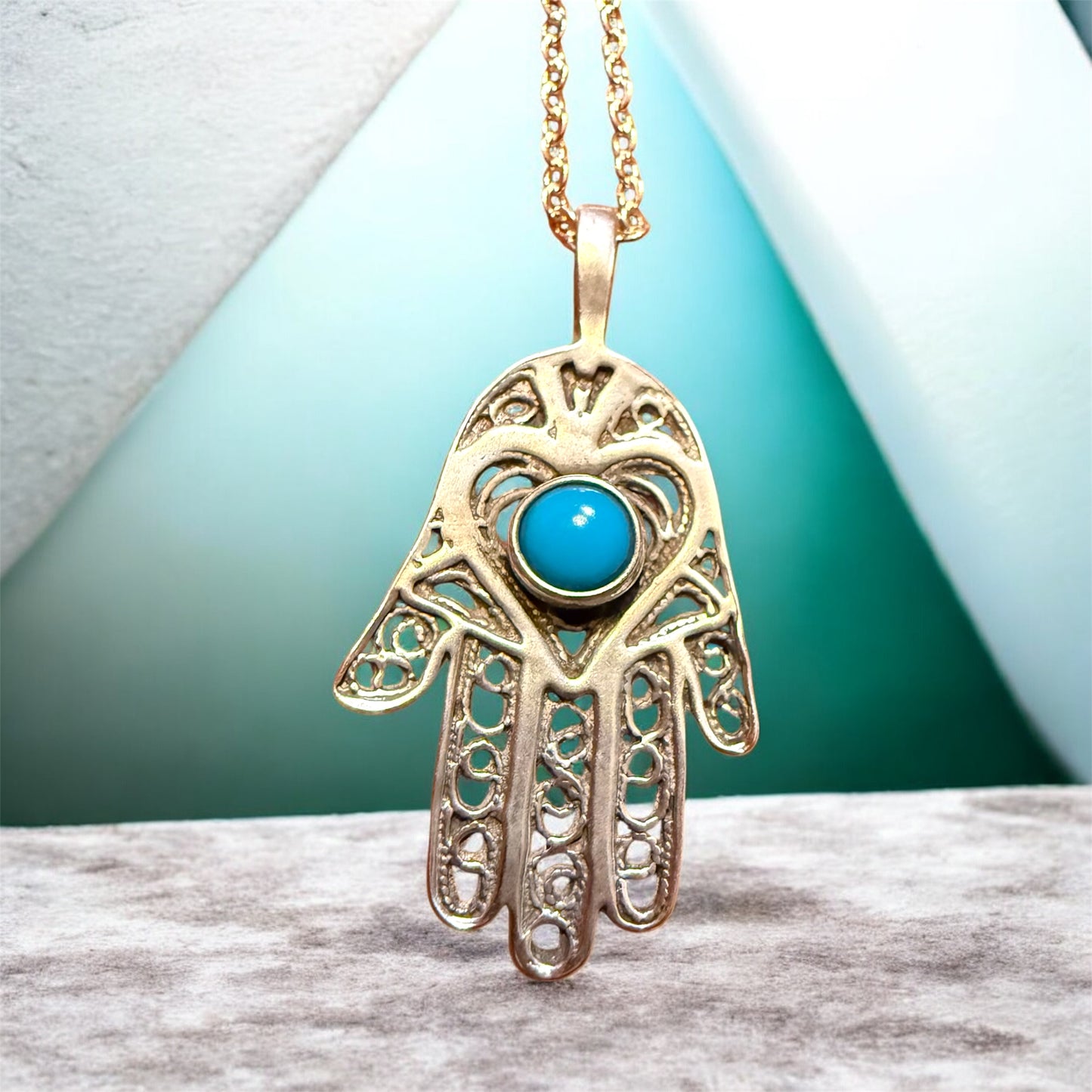 Sterling Silver Filagree Turquoise Hamsa Hand Necklace