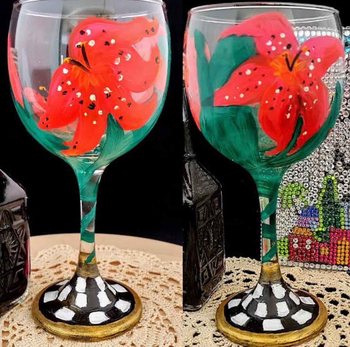 Hand-Painted Lilies Wine Glass, Checkerboard Stem