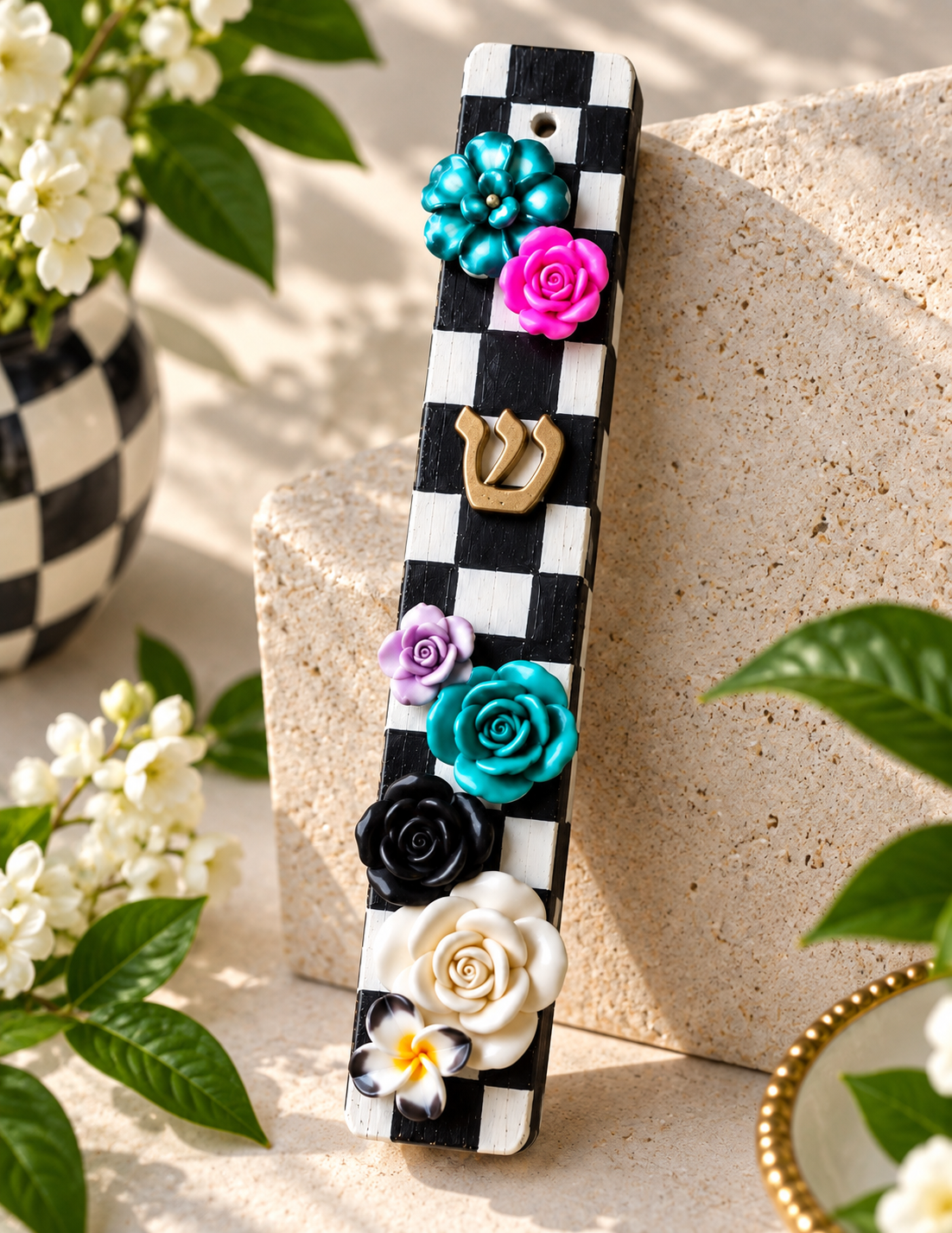 The Checkerbloom Mezuzah — Hand-Painted Floral Mezuzah