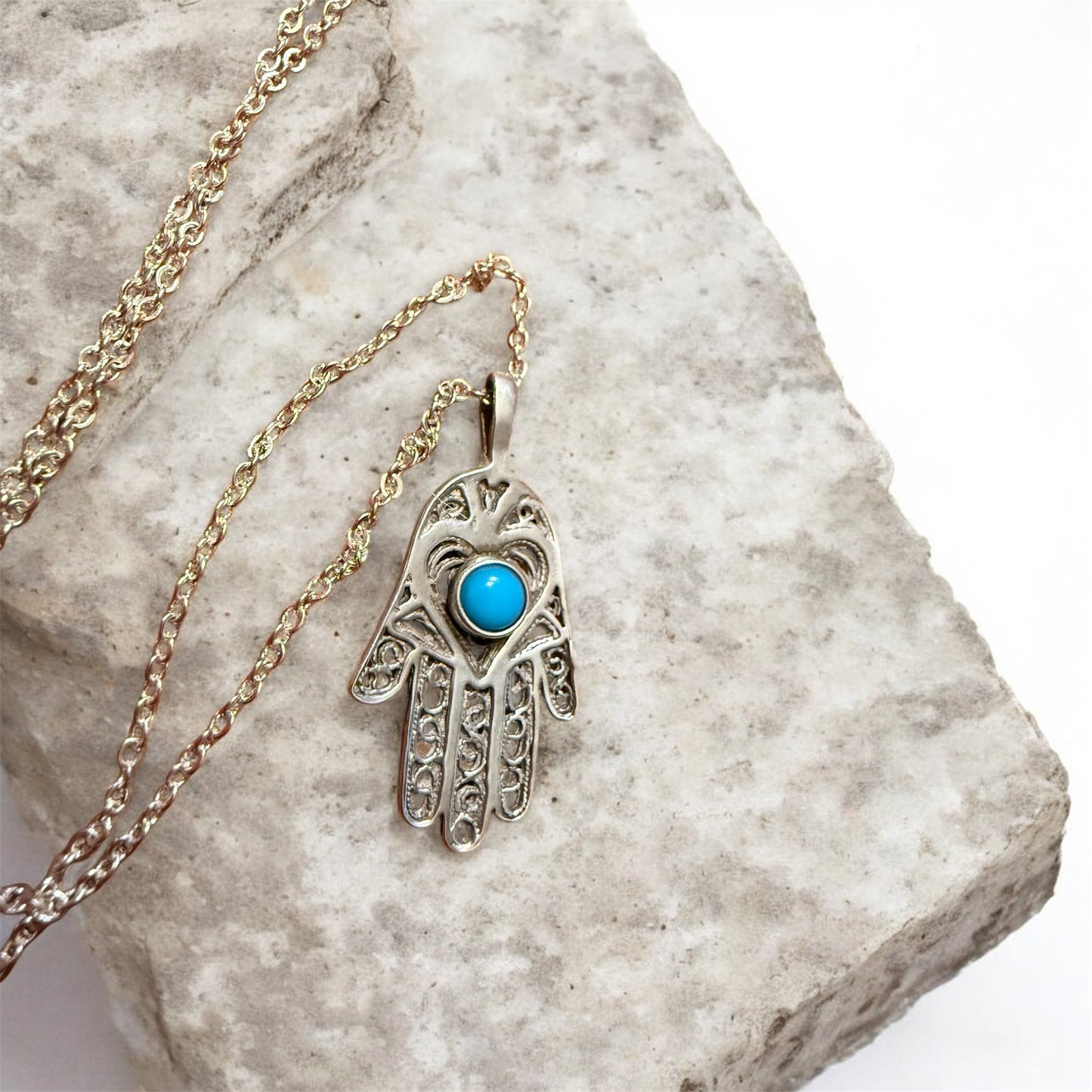 Sterling Silver Filagree Turquoise Hamsa Hand Necklace