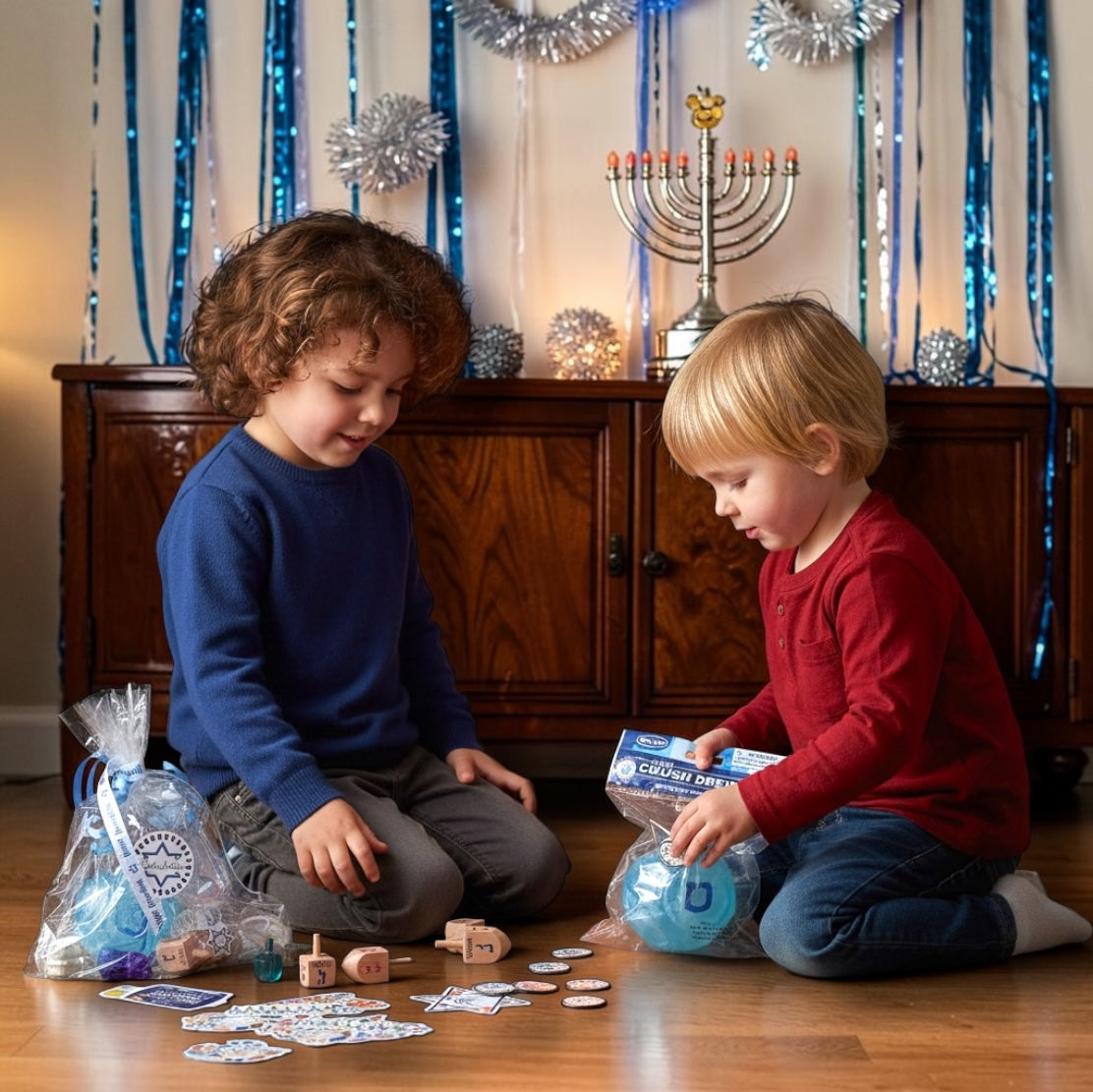 Hanukkah Dreidel Gift Bag – Sensory Squishy Dreidel, Wooden & Plastic Dreidels + Stickers | Chanukah Kids Gift