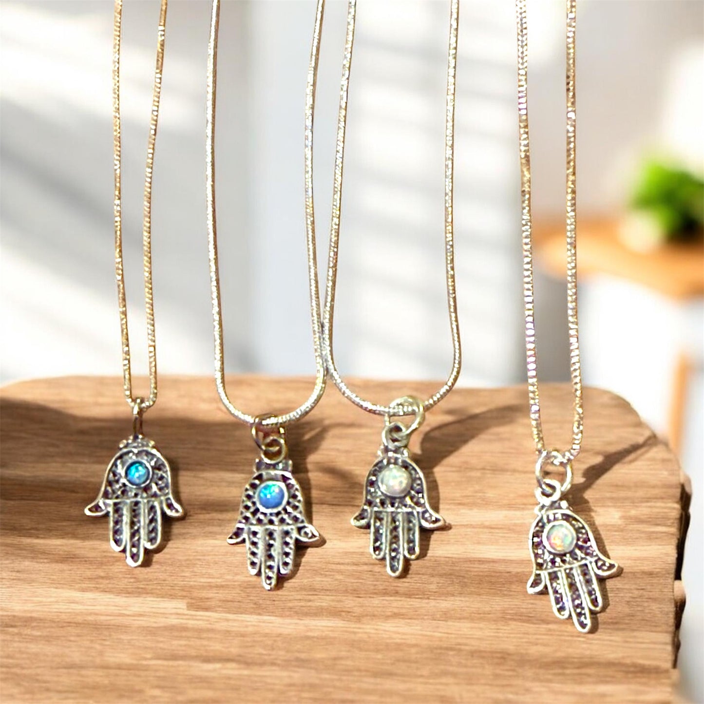 Sterling Silver filagree Hamsa with Opal Pendant Necklace